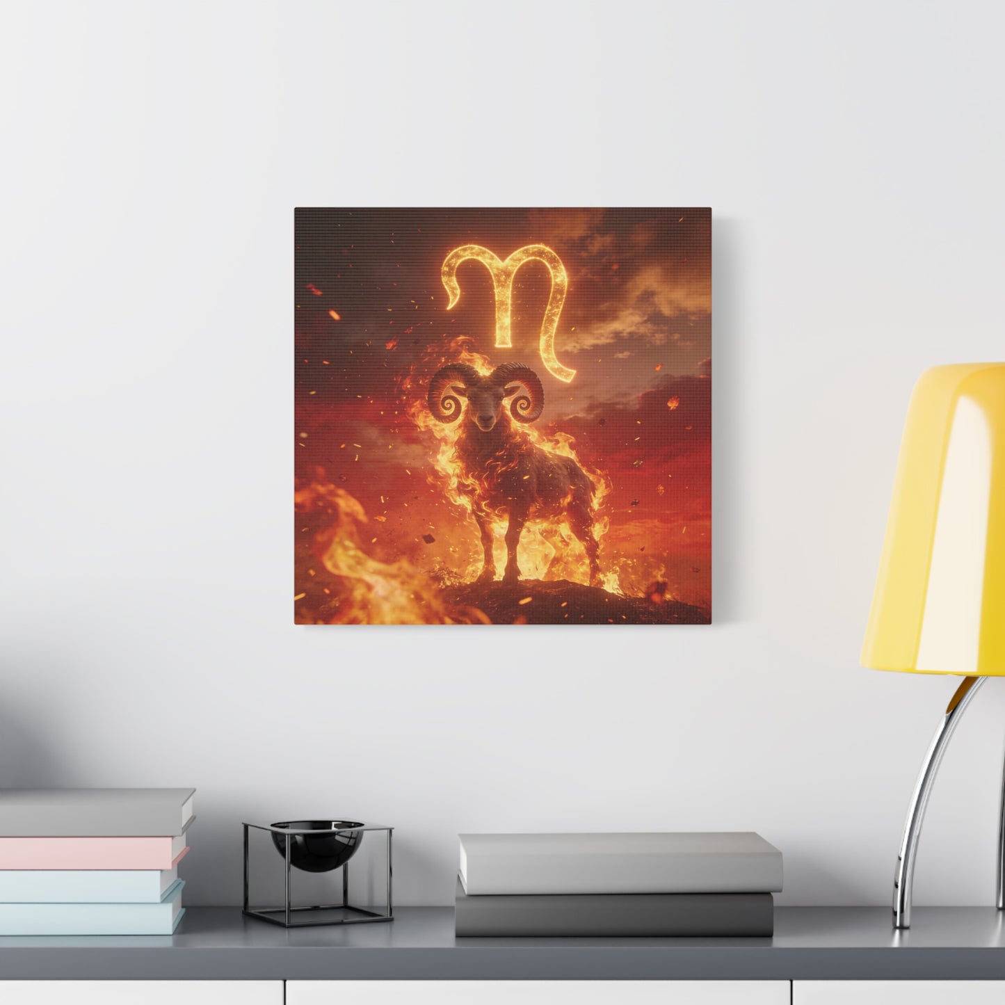 Aries Ram Canvas Wall Art - Fiery Zodiac Symbol Astrology Print, Glowing Horned Sheep Illustration - Matte Canvas Decor - Bedroom Home Decoration, Office Wall Art - Bedroom Home Decoration