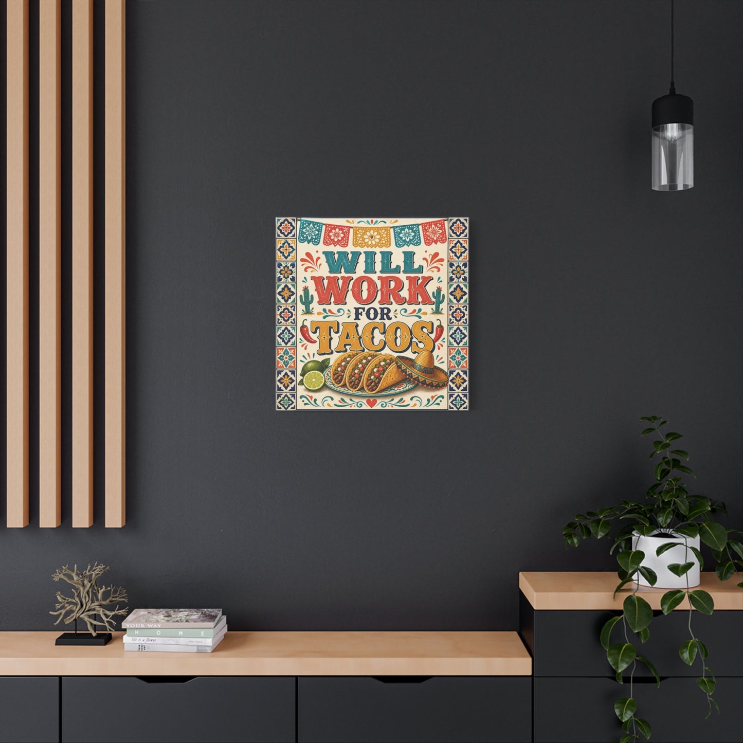 "Will Work For Tacos" Canvas Wall Art - Talavera Tile Typography, Papel Picado, Cactus And Taco Illustration - Fiesta Style Cotton Print - Kitchen Decor, Dining Room Accent, Cafe Interior