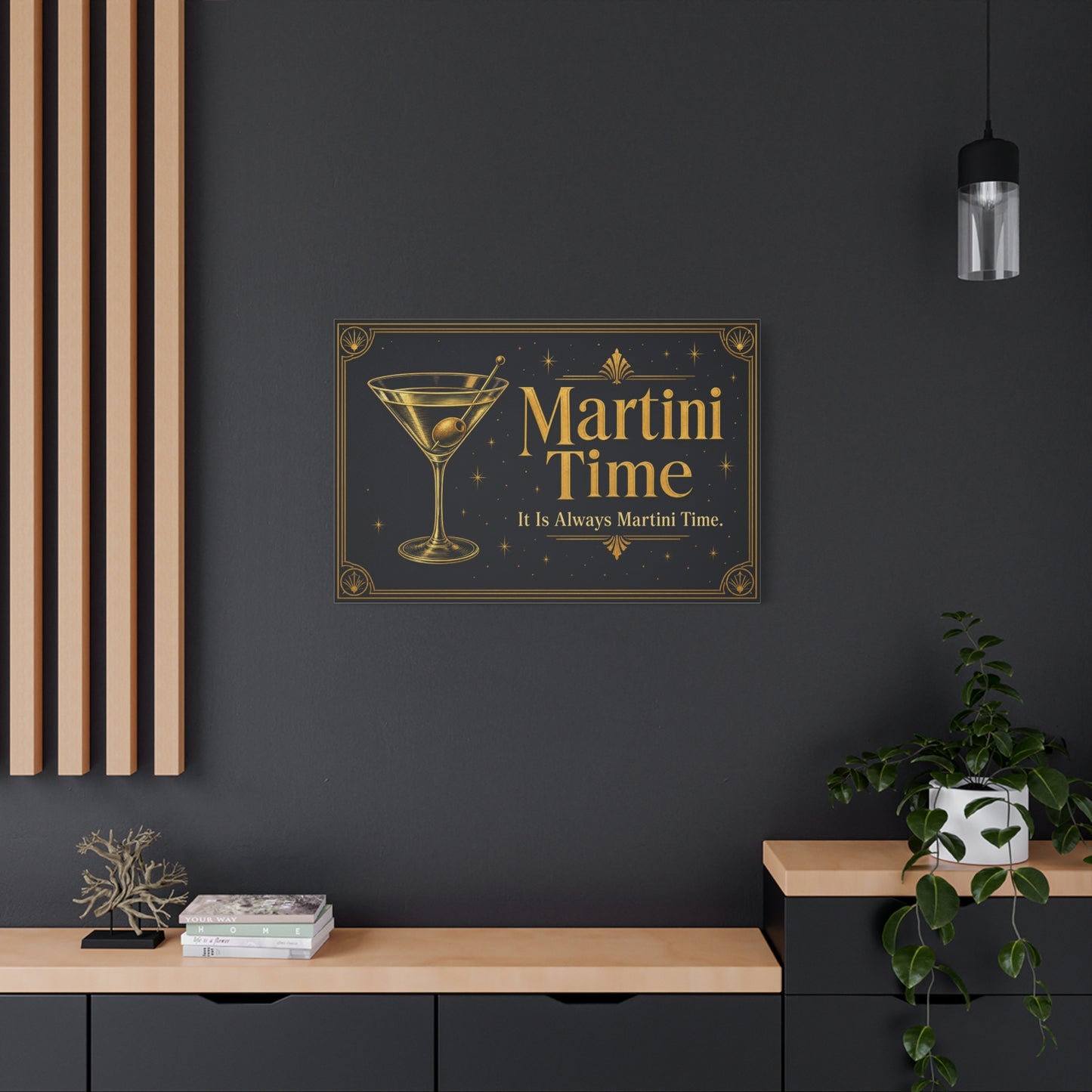 "Martini Time" Cocktail Canvas Wall Art - Art Deco Martini Glass Quote Print, Black And Gold Bar Cart Decor, Vintage Lounge Style - Ready to Hang - Ready to Hang - Tavern Wall Decor - HP Latex Print