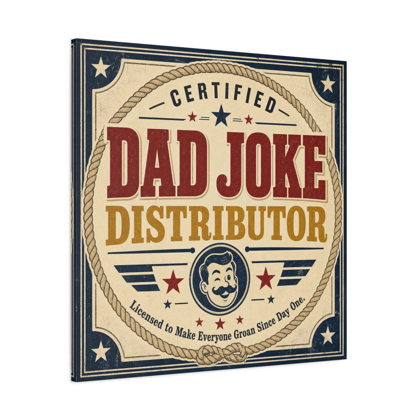 "Dad Joke Distributor" Funny Canvas Wall Art - Vintage Typography Humor Print, Retro Patriotic Stars And Mustache Illustration - Farmhouse Office Decor, Man Cave Wall Hanging - Bedroom Home Decoration