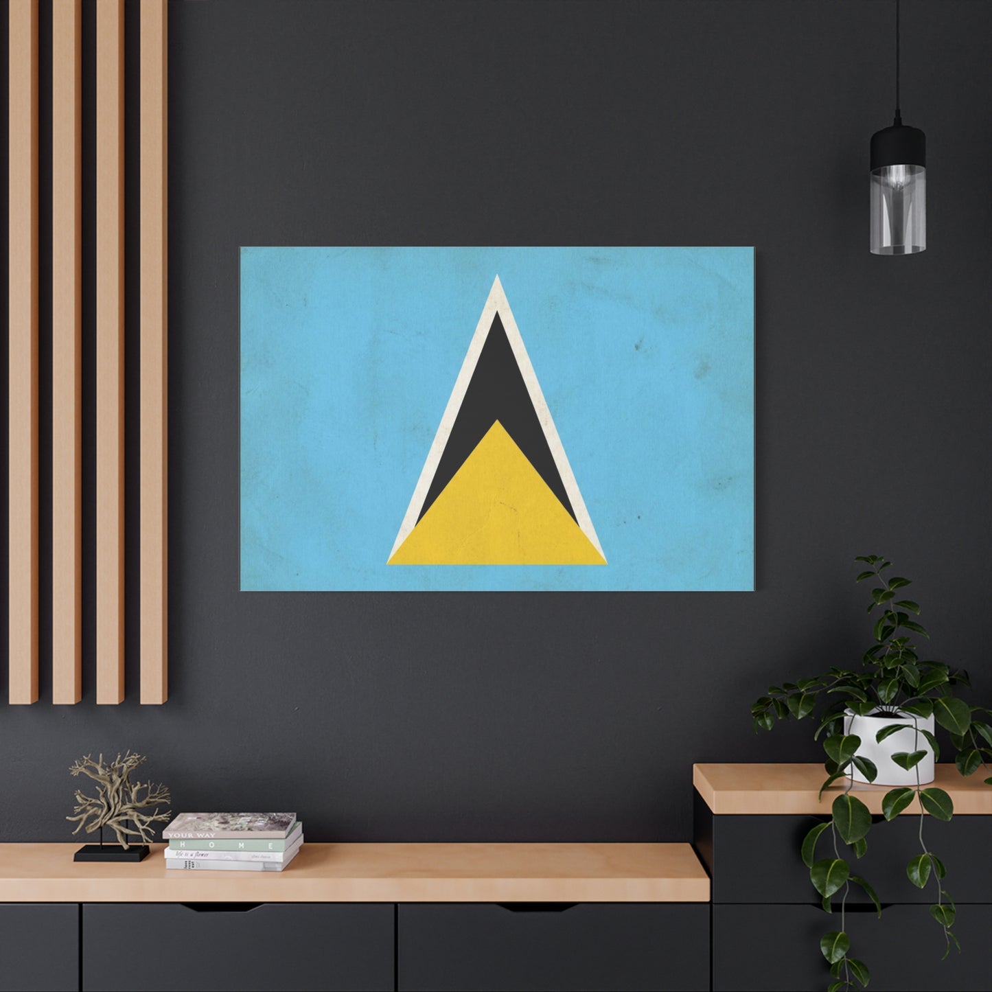 Saint Lucia Flag Canvas Wall Art - Blue Yellow Black Triangle Design, Minimalist Geometric Print - Modern Caribbean Decor - Living Room Wall Decor, Office Art Accent - Bedroom Home Decoration