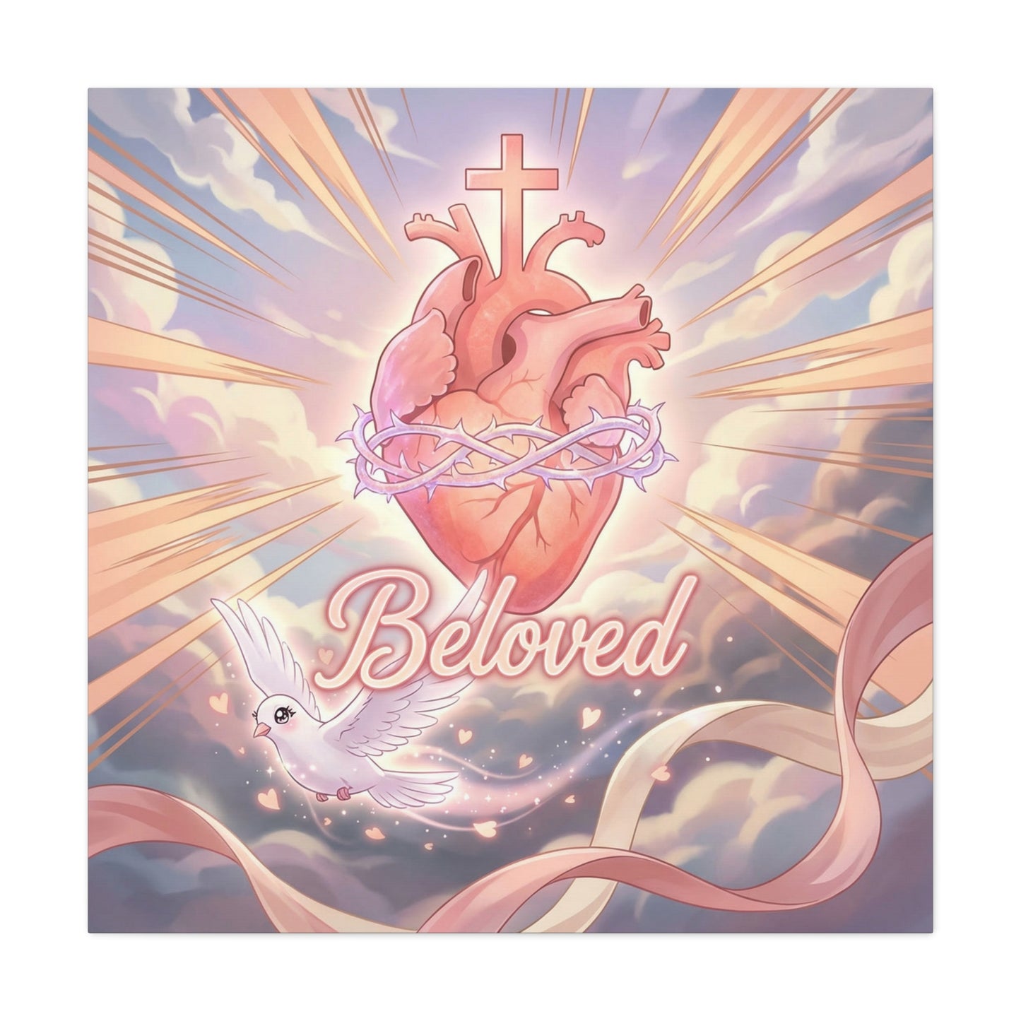 "Beloved" Sacred Heart Canvas Wall Art - Cross, Dove, Crown Of Thorns Christian Decor - Pink Pastel Religious Print - Inspirational Bedroom Home Decoration, Living Room Wall Decor - Ready to Hang