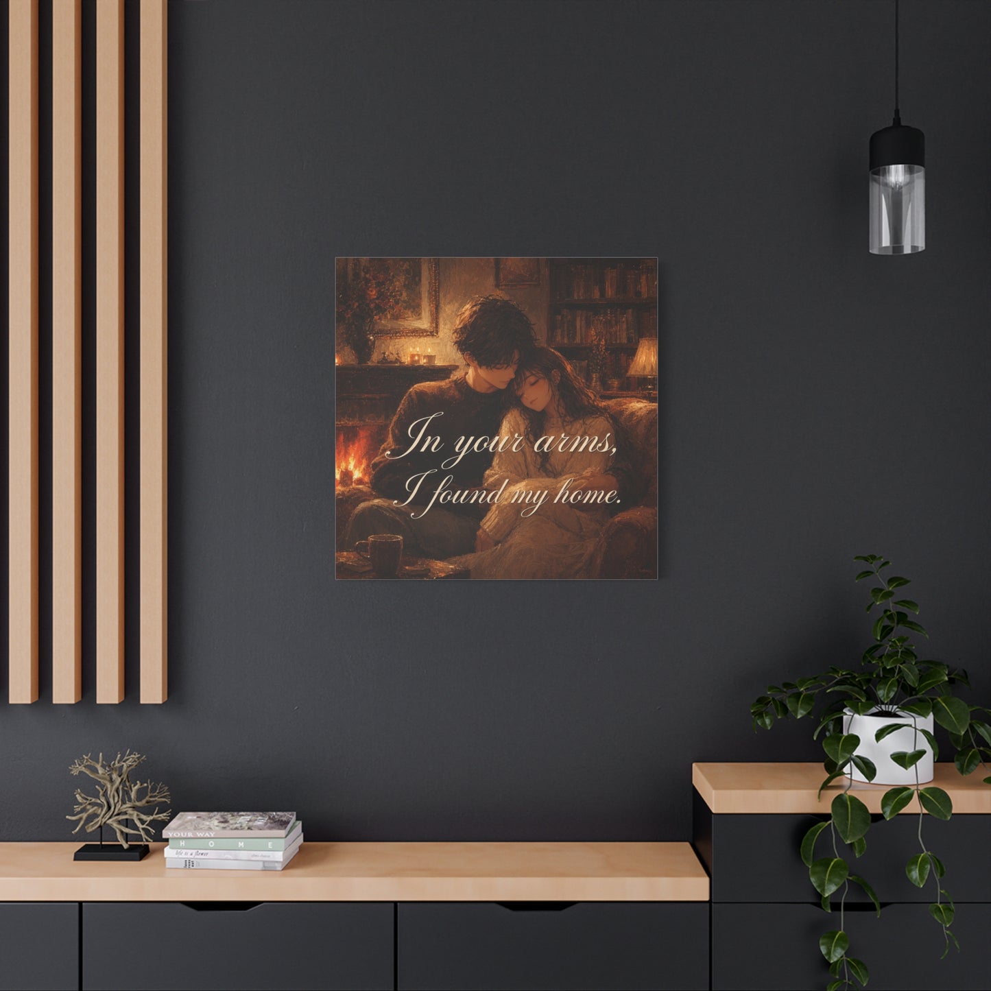 "In Your Arms, I Found My Home" Romantic Couple Canvas Wall Art - Cozy Fireplace Library Scene, Warm Vintage Style - Bedroom Home Decoration, Living Room Accent - Ready to Hang - Office Wall Art