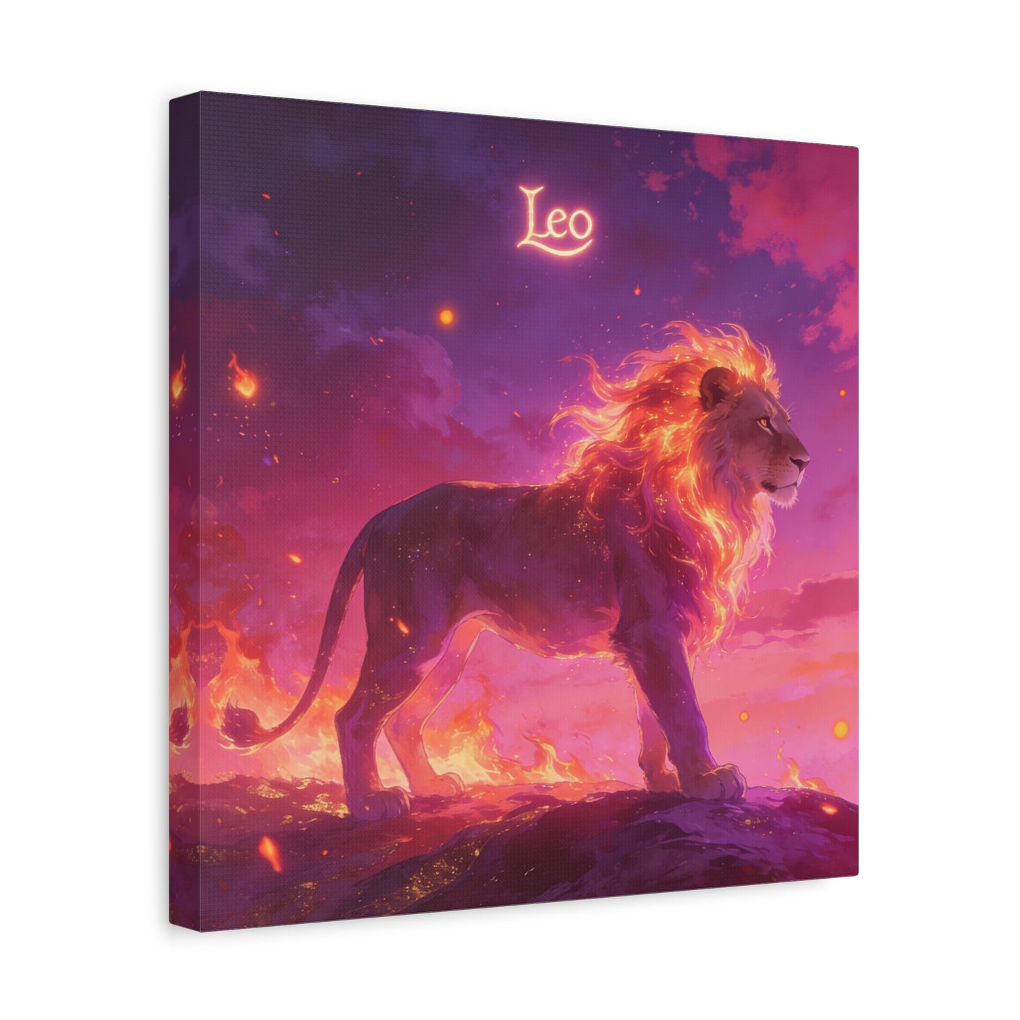 "Leo" Lion Canvas Wall Art - Fiery Zodiac Illustration, Purple Pink Sky, Matte Finish Canvas Print - Modern Astrology Decor, Bedroom Home Decoration, Office Wall Art Accent - Bedroom Home Decoration