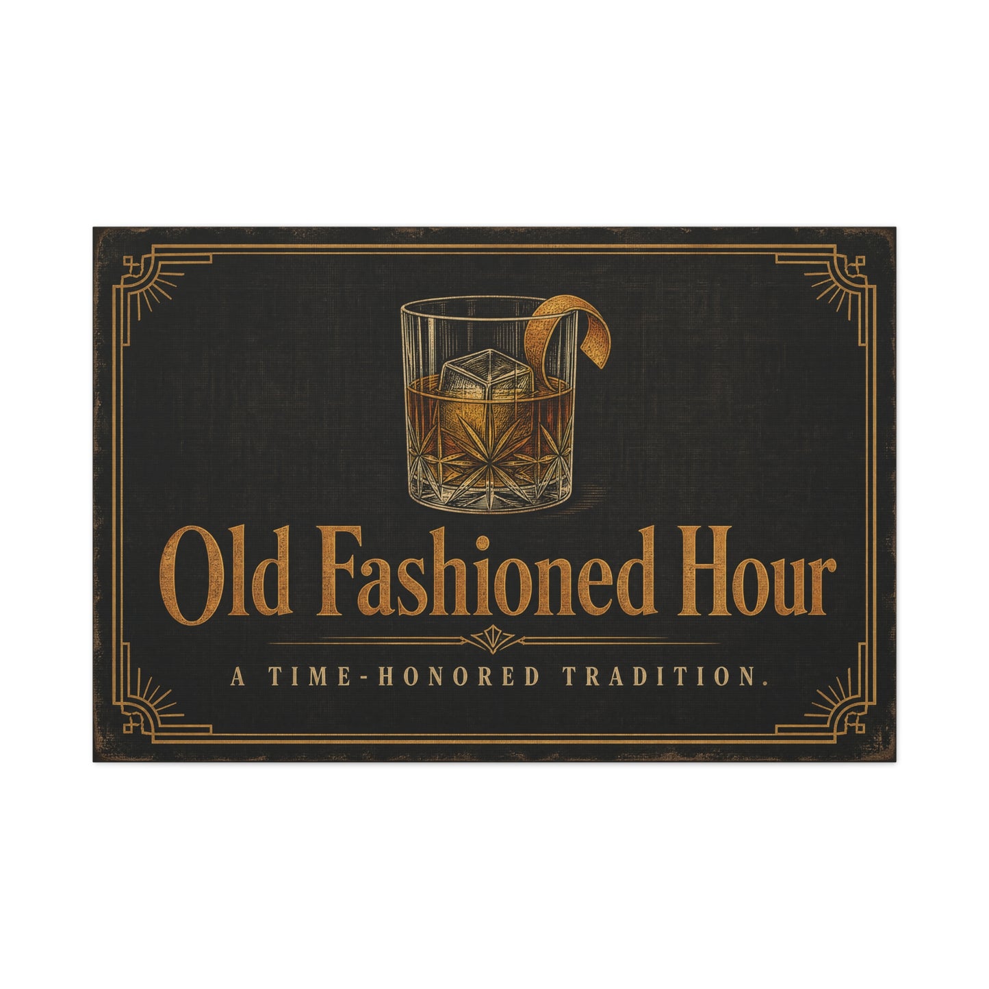 "Old Fashioned Hour" Canvas Wall Art - Vintage Whiskey Glass Quote Print, Art Deco Bar Cart Decor - Matte Cotton Wall Hanging - Speakeasy Lounge Style, Home Bar - Ready to Hang - Cocktail Lounge Decor
