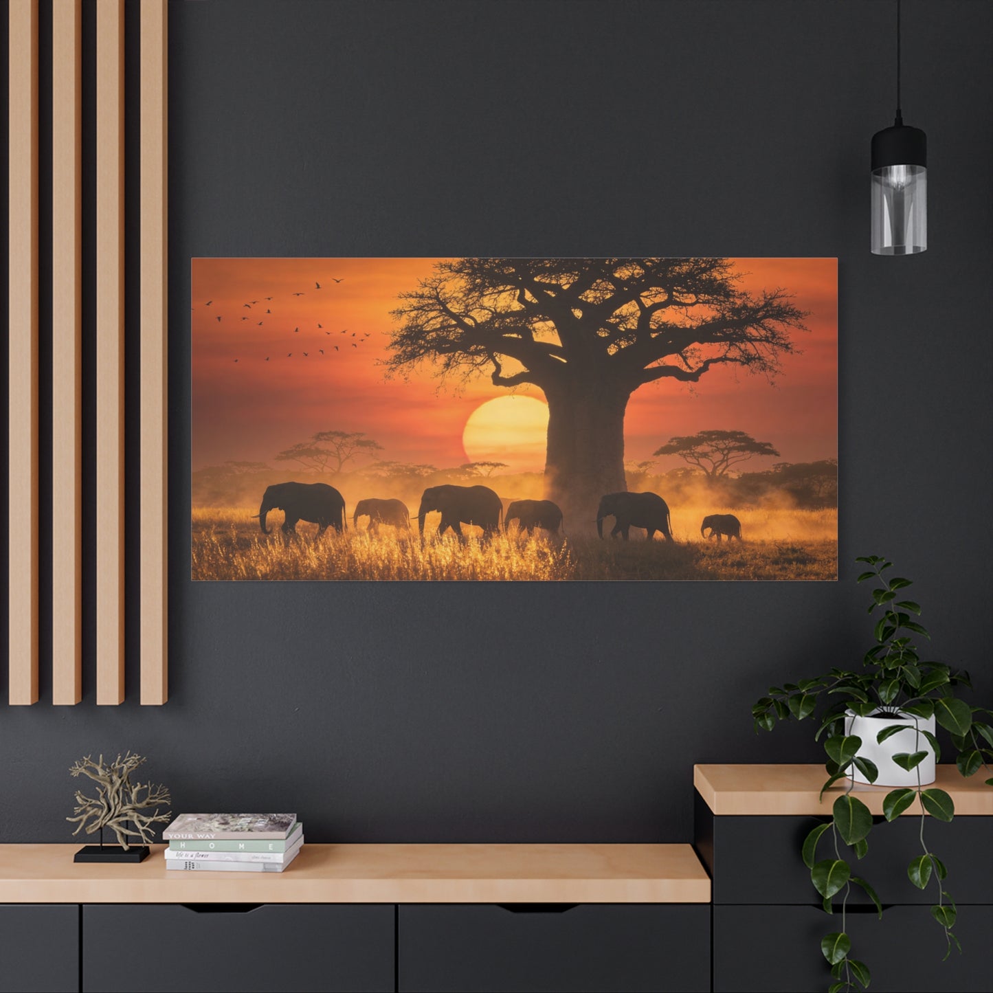 African Elephant Sunset Canvas Wall Art - Baobab Tree Safari Scene, Golden Savanna Wildlife Print - Matte Cotton Canvas, Rustic Contemporary Style - Living Room Wall Decor - Bedroom Home Decoration