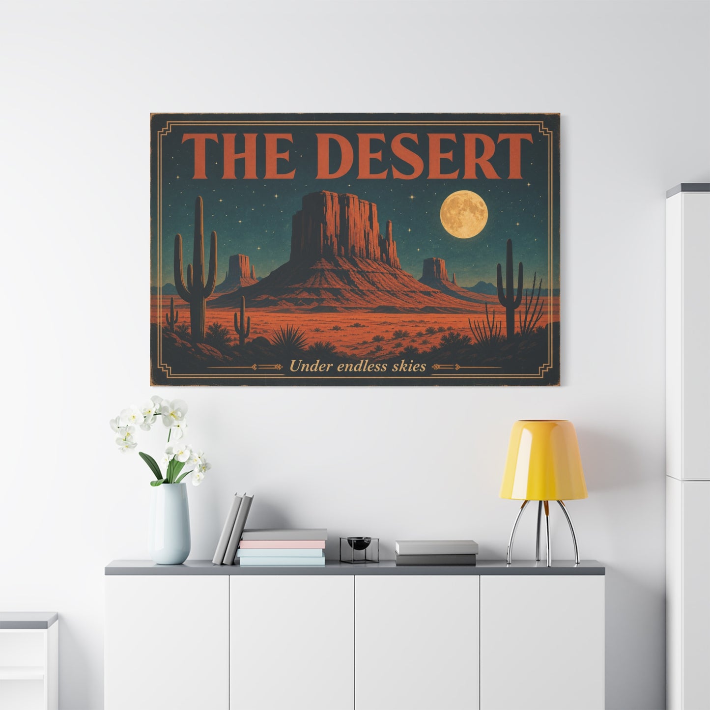 "THE DESERT" Canvas Wall Art - Moonlit Saguaro Desert Mesa Landscape, "Under endless skies" - Vintage Southwest Poster Style, Living Room Wall Decor, Bedroom Home Decoration - Bedroom Home Decoration