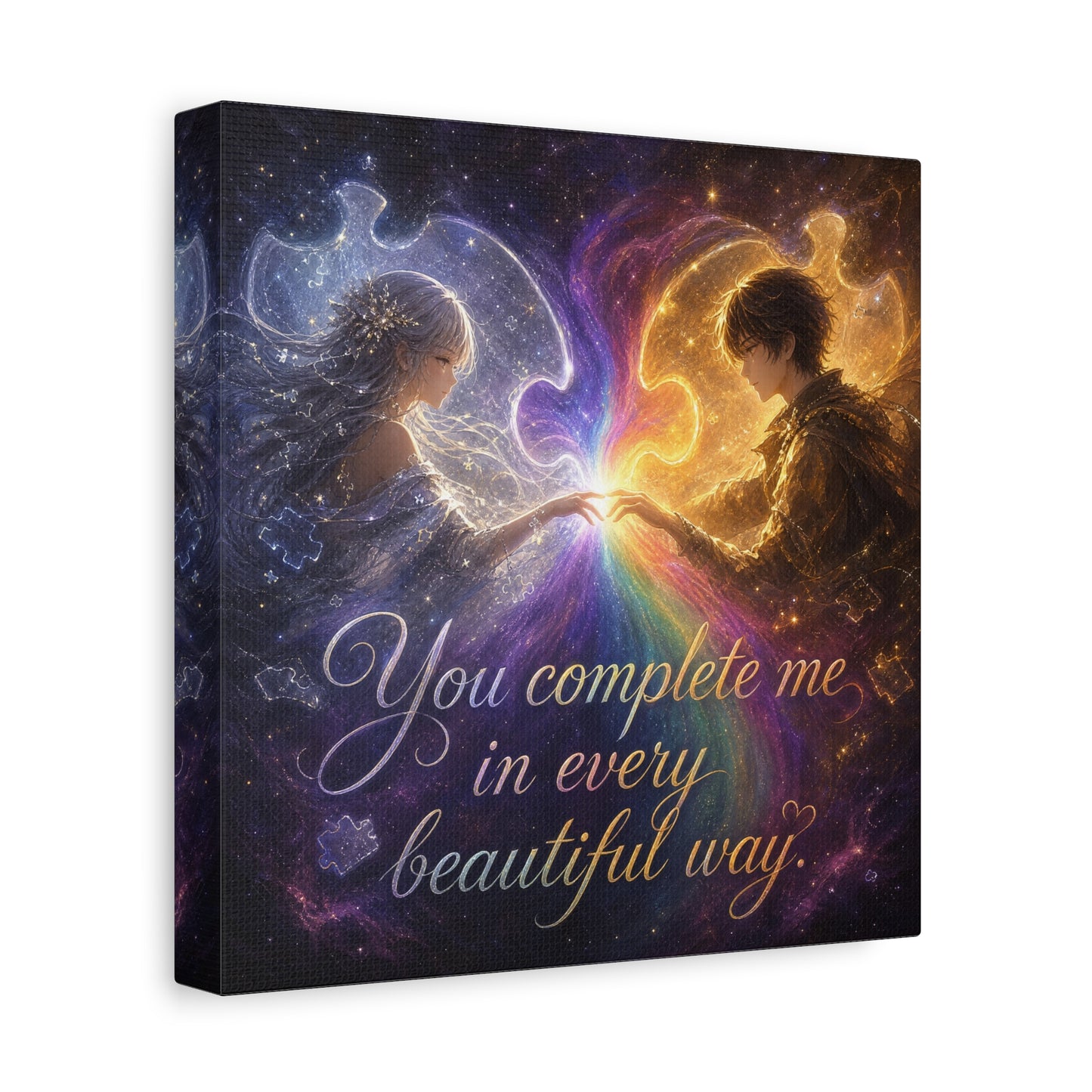 "You Complete Me In Every Beautiful Way" Romantic Couple Canvas Wall Art - Celestial Puzzle Soulmate Quote Print, Fantasy Love Decor - Bedroom Wall Hanging - Ready to Hang - Bedroom Home Decoration