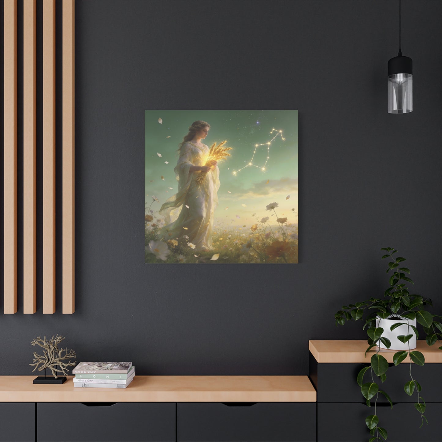 Virgo Maiden Canvas Wall Art - Celestial Wheat Goddess Illustration, Luminous Zodiac Sky, Matte Cotton Print, Bohemian Bedroom Decor, Meditation Space Accent, Ready To Hang - Living Room Wall Decor