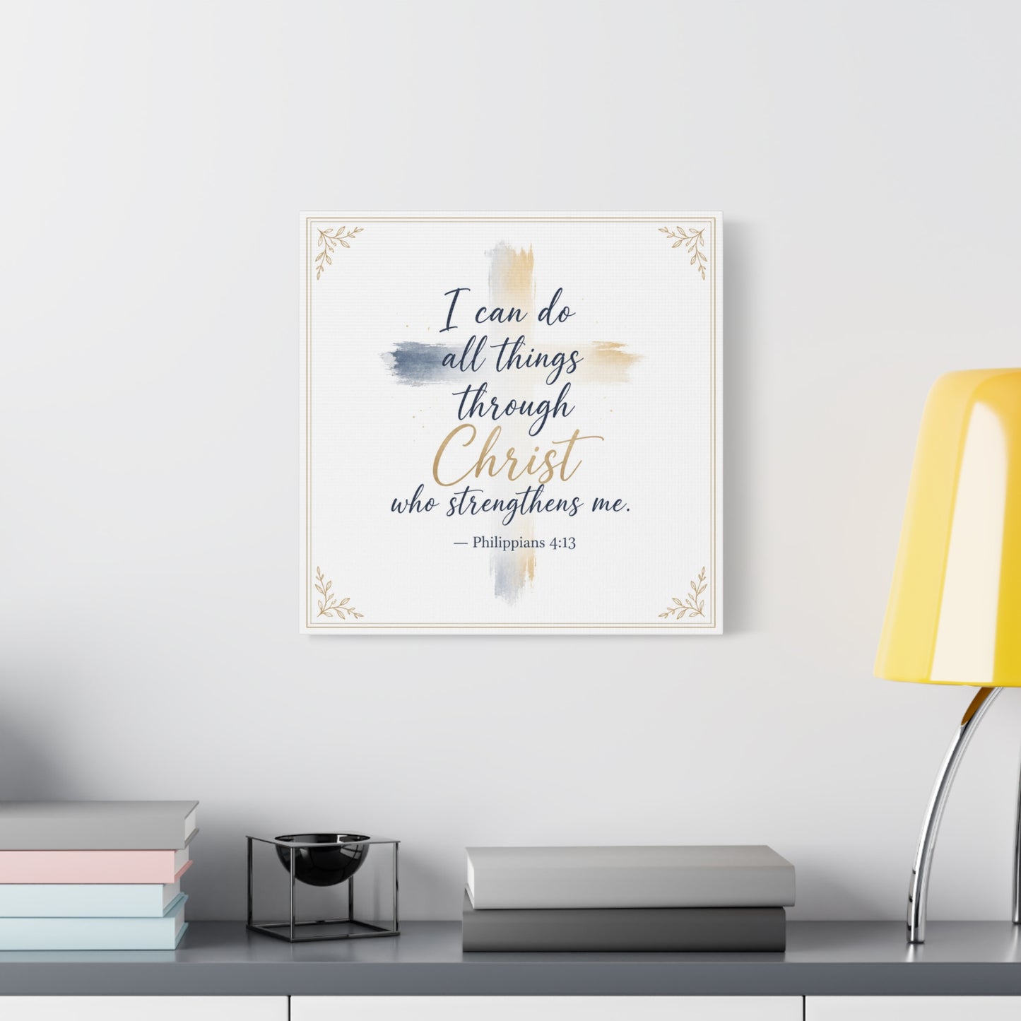 "I Can Do All Things Through Christ Who Strengthens Me. - Philippians 4:13" Christian Canvas Wall Art - Blue And Gold Scripture Quote Print - Traditional Typography - Bedroom Decor - Office Wall Art