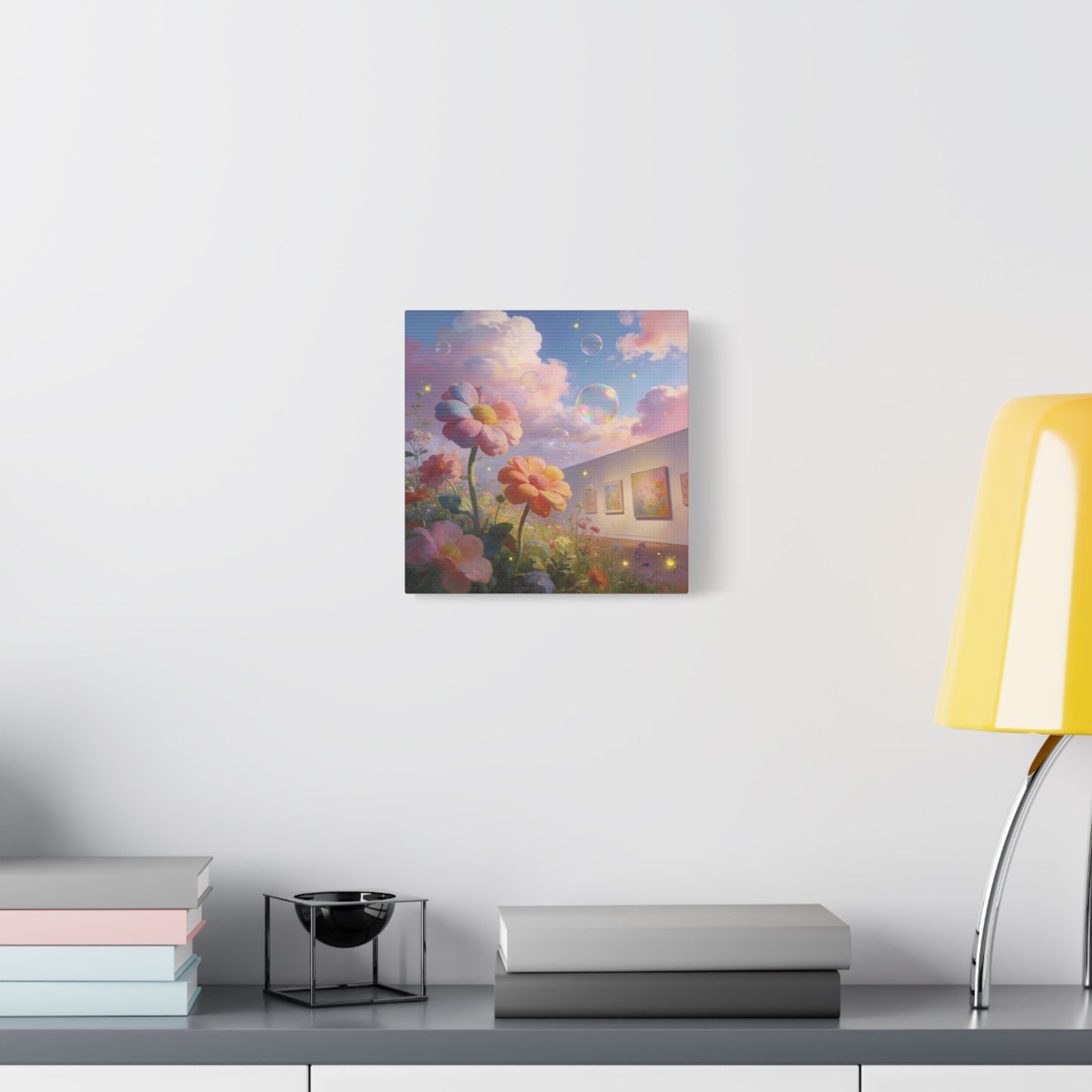 Dreamy Floral Canvas Wall Art - Pastel Wildflower Sky With Iridescent Bubbles, Firefly Glow - Whimsical Matte Canvas Print - Contemporary Bedroom Wall Decor, Living Room Accent - Cozy Reading Nook Art