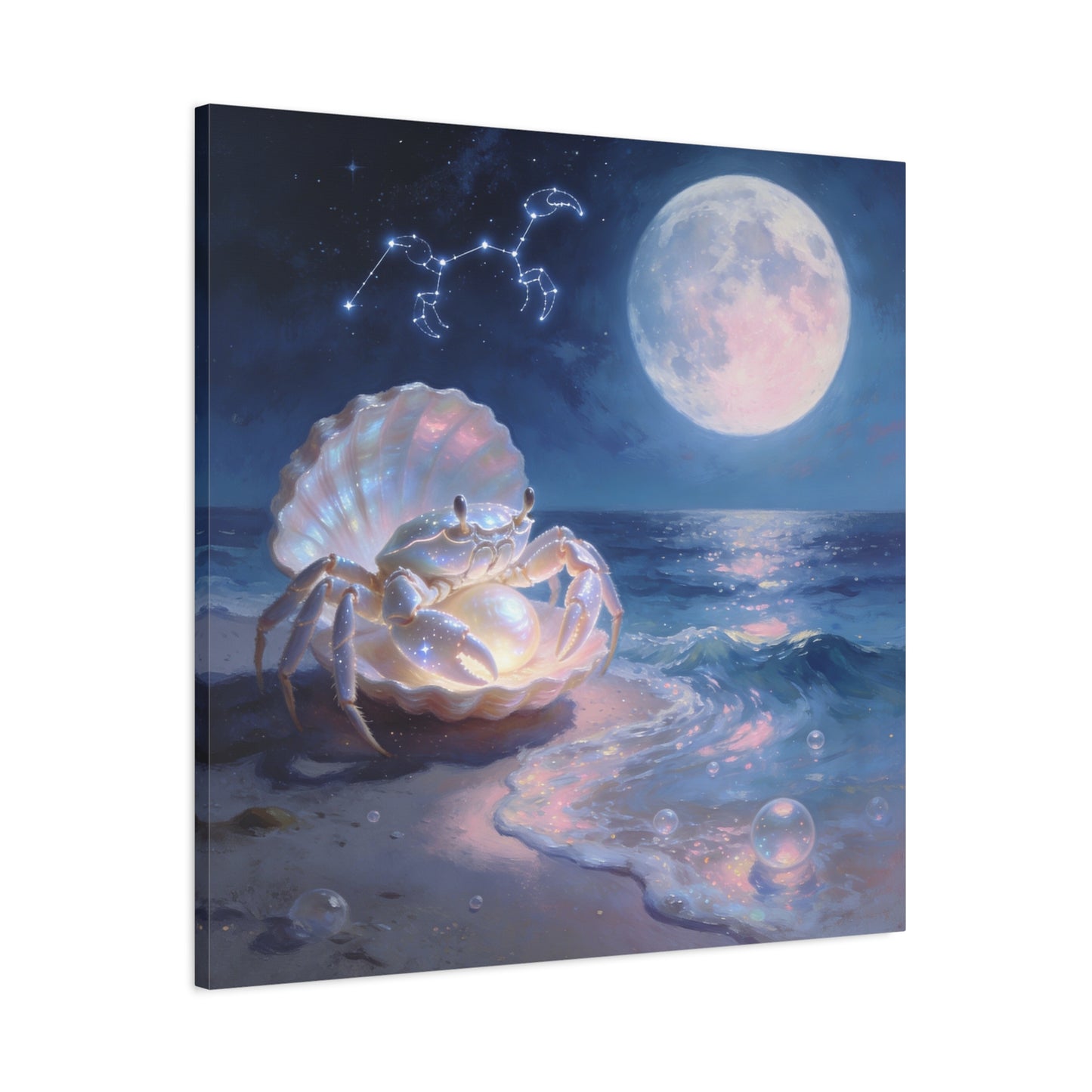 Moonlit Crab Canvas Wall Art - Zodiac Cancer Seascape, Pearl Shell Ocean Night Decor - Dreamy Coastal Illustration, capiz shells wall decor, Bedroom Home Decoration - Bedroom Home Decoration