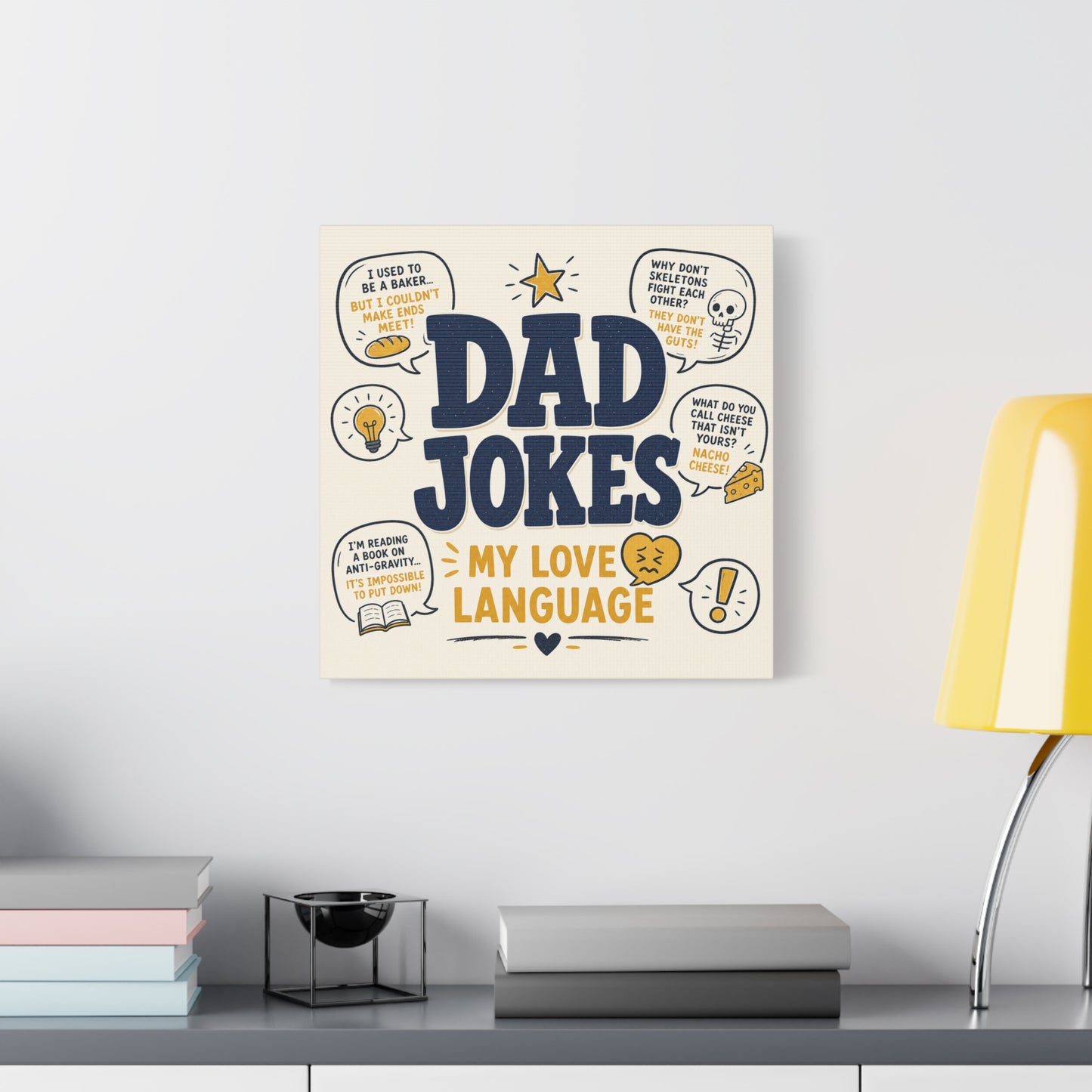 "Dad Jokes My Love Language" Funny Quote Canvas Wall Art - Pun Typography Print, Retro Humor Decor, Home Office Wall Decor, Man Cave Decoration, Novelty Room Accent - Ready to Hang - Ready to Hang
