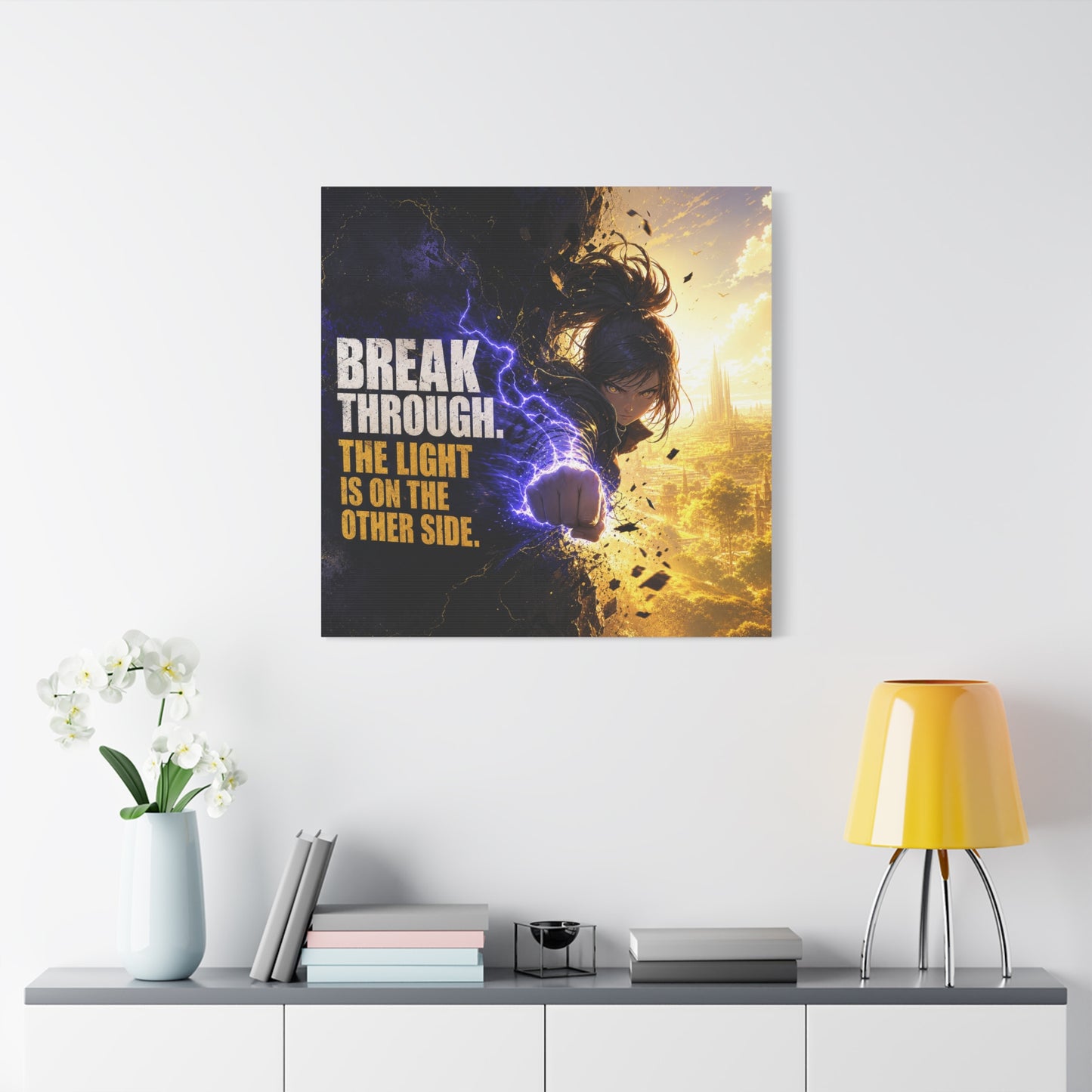 "Break Through. The Light Is On The Other Side." Anime Canvas Wall Art - Motivational Fantasy Girl Poster Print, Dramatic Gold Lightning, Contemporary Bedroom Decor, Teen Room Accent - Office Wall Art