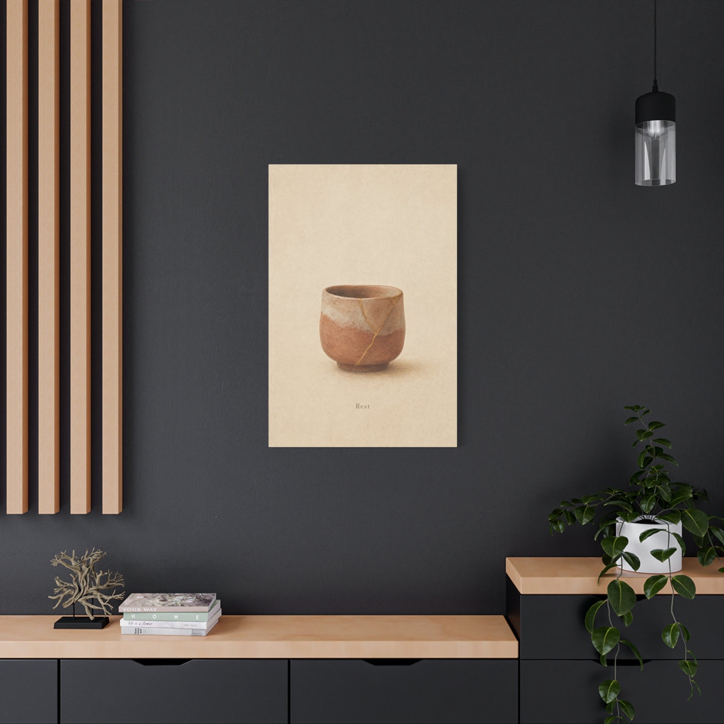 "Rest" Kintsugi Pot Canvas Wall Art - Minimalist Still Life Ceramic Vessel Print - Neutral Beige Brown Japanese Inspired Decor - Bedroom Meditation Space Living Room Home Accent - Office Wall Art