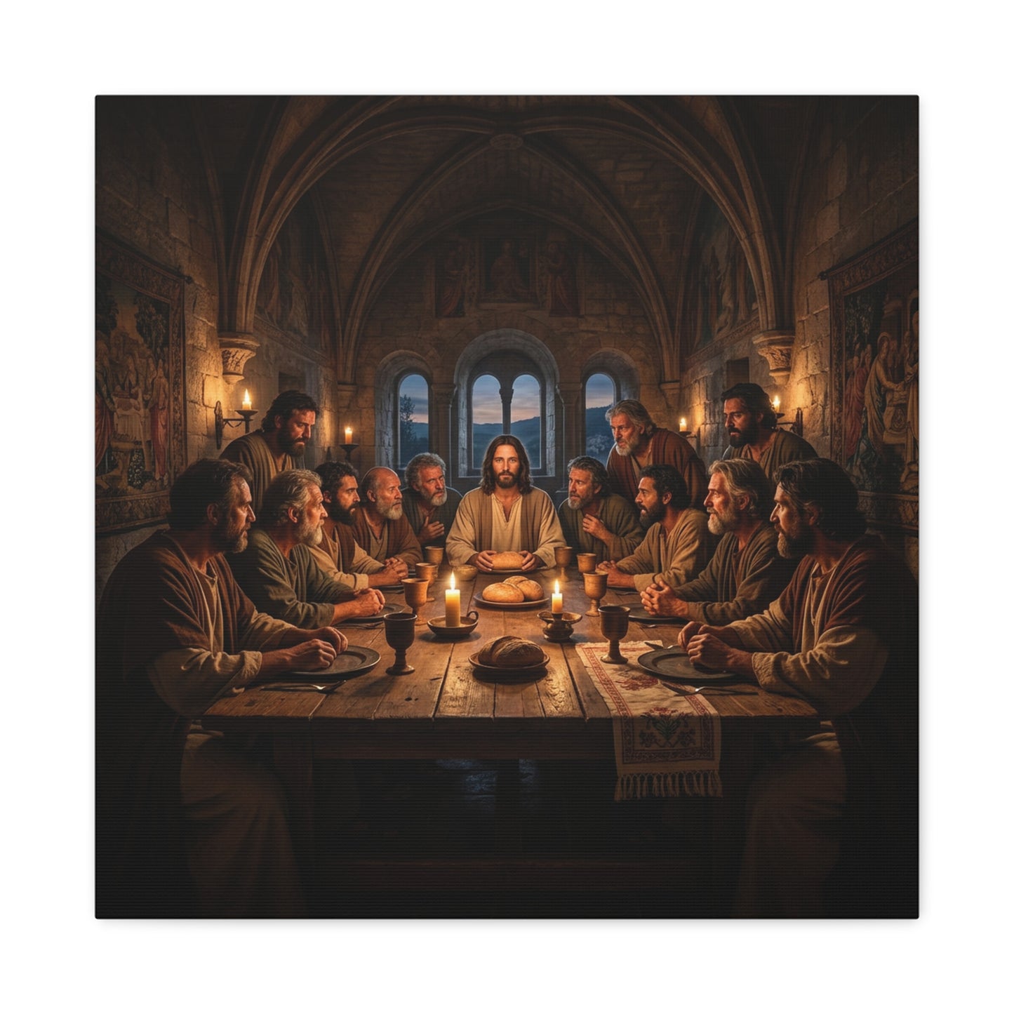 Jesus Christ Last Supper Canvas Wall Art - Apostles At Candlelit Table, Christian Wall Decor - Matte Cotton Print Religious Home Decoration - Traditional Living Room Office - Bedroom Home Decoration