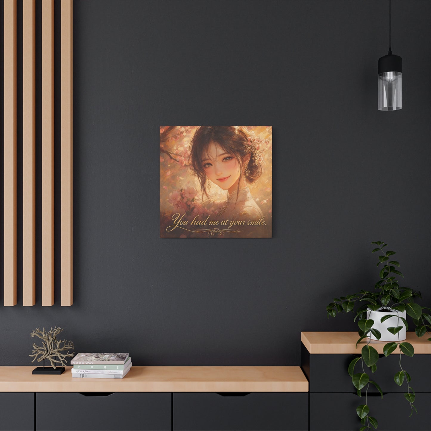 You Had Me At Your Smile Portrait Canvas Wall Art - Romantic Floral Woman Quote Print - Golden Blush Illustration - Traditional Style Living Room Decor - Ready to Hang - Living Room Wall Decor