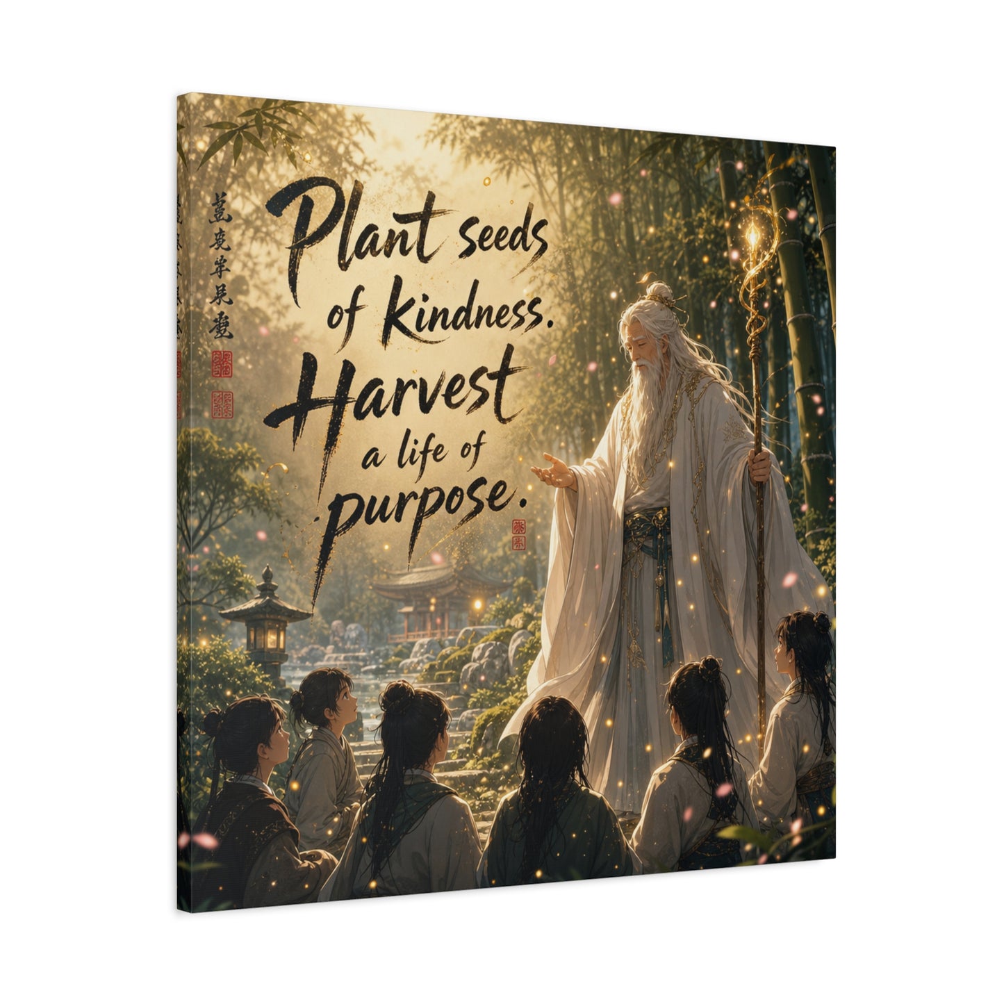 "Plant Seeds Of Kindness. Harvest A Life Of Purpose." Zen Canvas Wall Art - Wise Elder In Bamboo Garden, Inspirational Typography Print - Traditional Style, Bedroom Meditation Decor - Office Wall Art