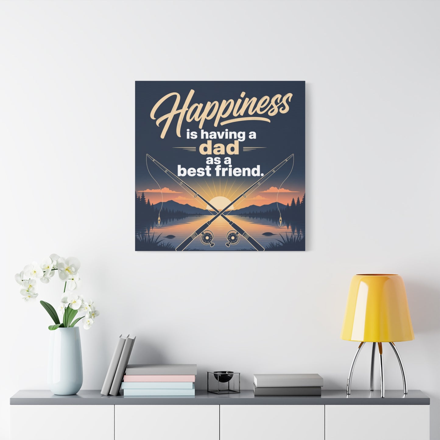 "Happiness Is Having A Dad As A Friend" Fishing Canvas Wall Art - Sunset Lake Quote Print - Rustic Typography Decor - Bedroom Home Decoration - Bedroom Home Decoration - Living Room Wall Decor