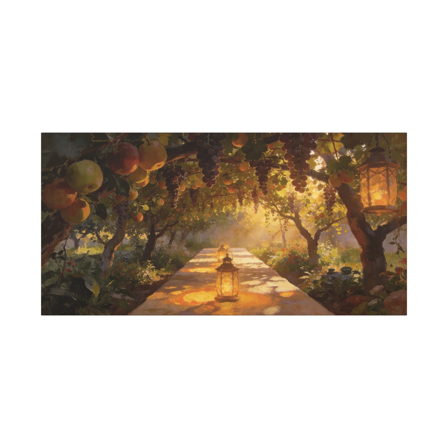 Fruit Orchard Canvas Wall Art - Lantern Lit Garden Path, Grape Vine And Apple Tree Painting - Matte Cotton Print, Rustic Traditional Style - Living Room Wall Decor, Bedroom Accent - Ready to Hang