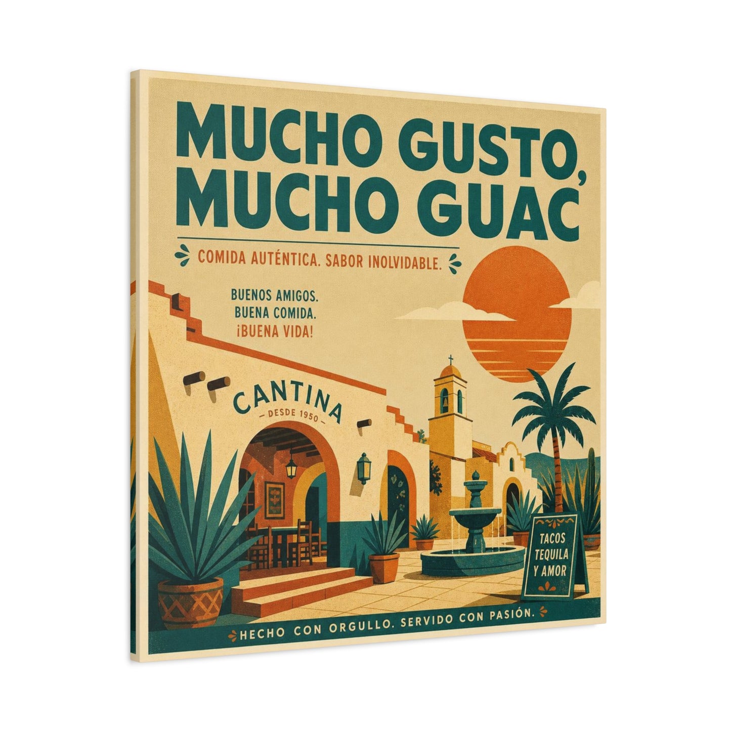 "Mucho Gusto, Mucho Guac" Cantina Canvas Wall Art - Mexican Restaurant Typography Print, Vintage Desert Courtyard Illustration, Cafe Wall Decor, Tequila Bar Sign, Workspace Accent - Ready to Hang