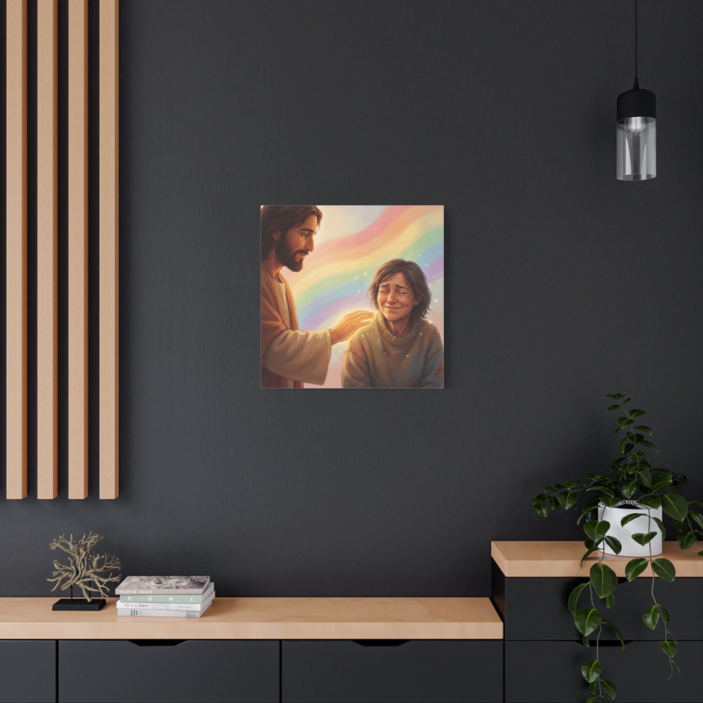 Jesus Christ Comforting Woman Canvas Wall Art - Rainbow Christian Wall Decor, Faith Home Decoration - Matte Canvas Print, Inspirational Religious Artwork - Living Room Bedroom Office - Ready to Hang