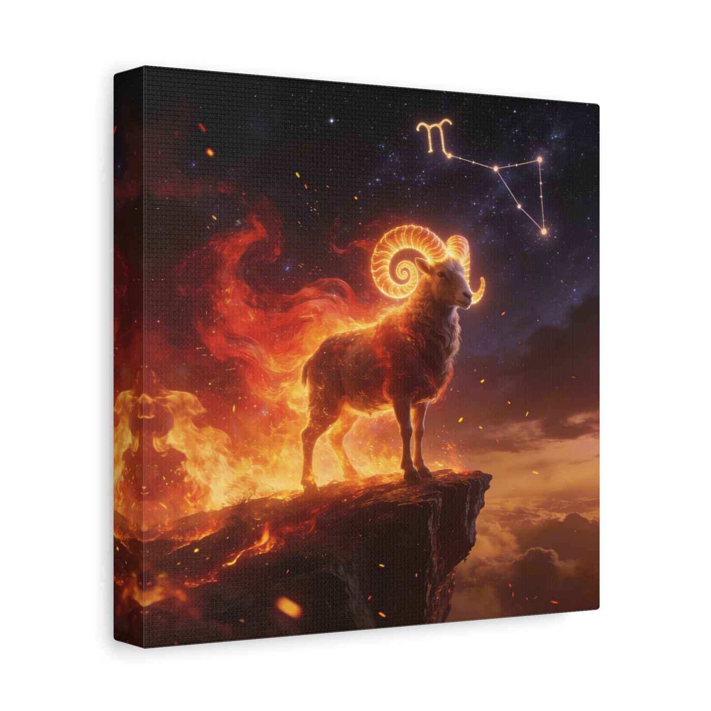 Aries Ram Canvas Wall Art - Fiery Zodiac Constellation Celestial Animal Print - Glowing Horns, Cosmic Night Sky - Contemporary Fantasy Style - Bedroom Home Decoration Office Wall Art - Ready to Hang