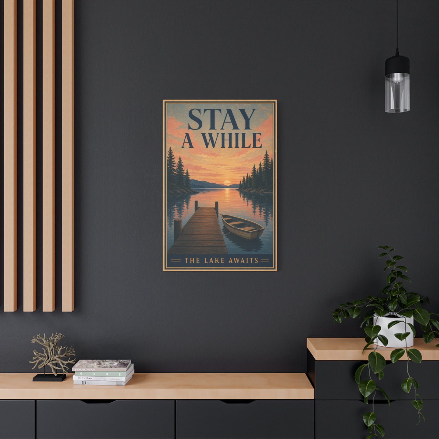 "Stay A While The Lake Awaits" Lake Sunset Canvas Wall Art - Vintage Dock And Rowboat Landscape Print, Rustic Cabin Decor, Bedroom Home Decoration, Entryway Accent - Office Wall Art - Ready to Hang