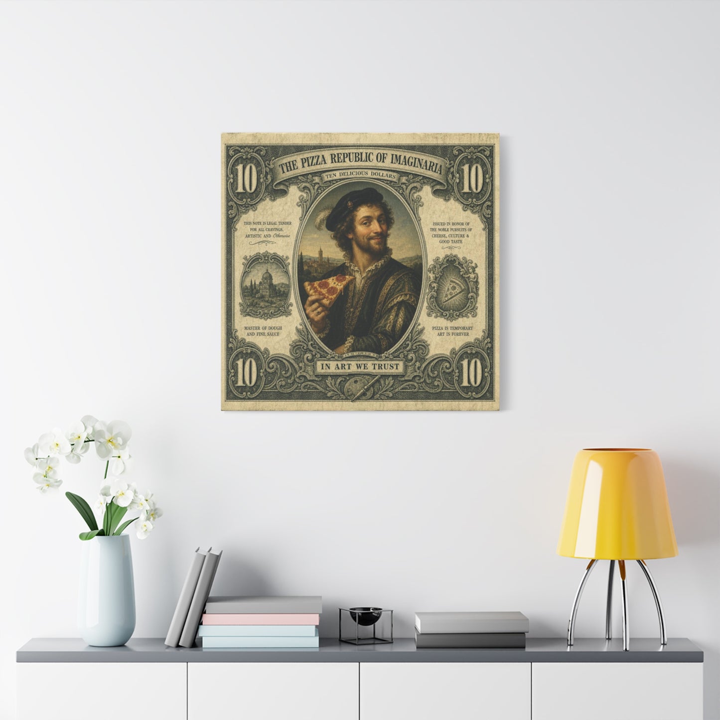 "The Pizza Republic Of Imaginaria" Canvas Wall Art - Vintage Typography Portrait Print, Renaissance Pizza Note Design, Eclectic Office Wall Decor, Cafe Wall Art, Humor Canvas - Reception Area Decor