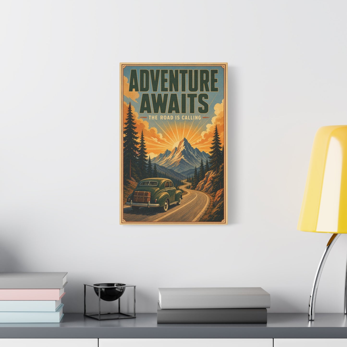 "Adventure Awaits The Road Is Calling" Vintage Travel Canvas Wall Art - Mountain Road Sunrise, Retro Car Poster Print - Adventure Decor, Living Room Wall Decor, Office Art - Bedroom Home Decoration