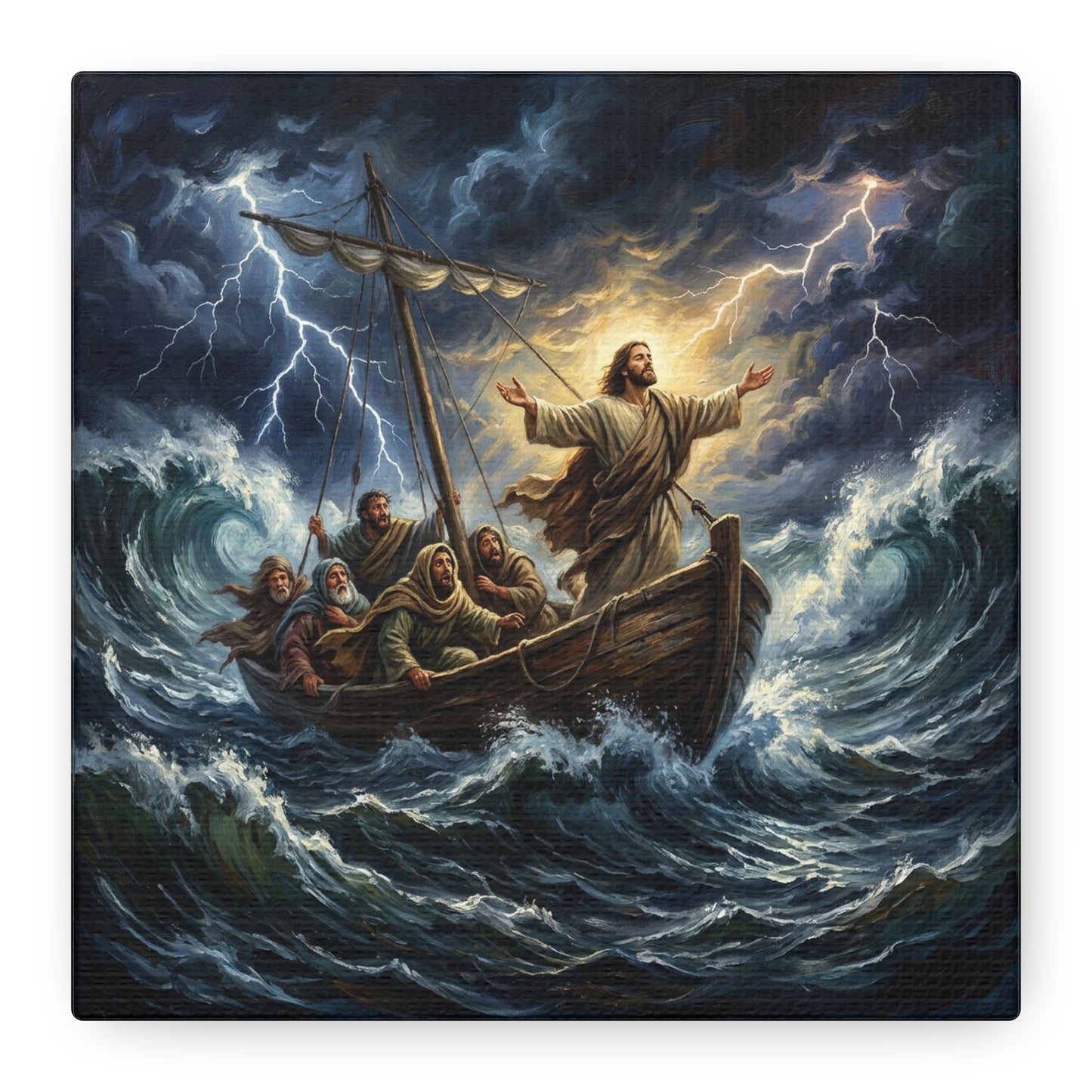 Jesus Calming The Storm Canvas Wall Art - Bible Boat Sea Scene, Dramatic Lightning Waves - Cotton Matte Print - Traditional Religious Decor For Living Room Office Bedroom - Living Room Wall Decor