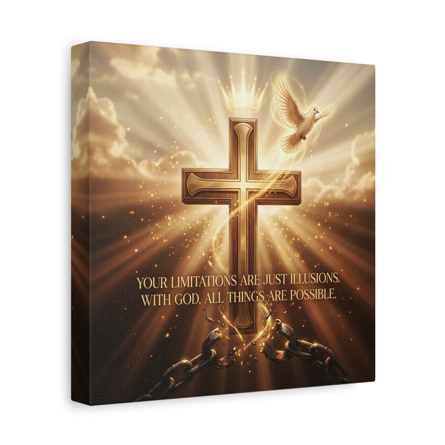 "Your Limitations Are Just Illusions. With God, All Things Are Possible." Christian Canvas Wall Art - Glowing Cross, White Dove, Crown, Broken Chains - Gold Religious Wall Decor For Living Room