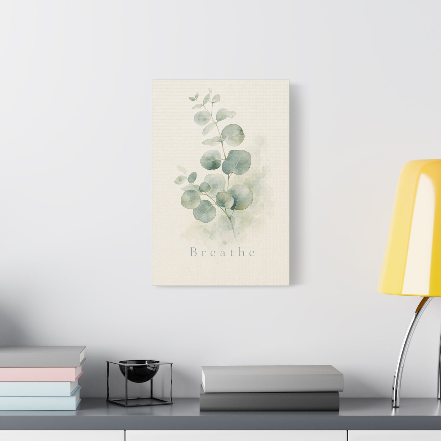 "Breathe" Eucalyptus Canvas Wall Art - Minimalist Botanical Sage Green Wall Decor - Watercolor Leaf Home Decoration - Bedroom Bathroom Spa Style - Calm Nature Print For Living Room - Ready to Hang