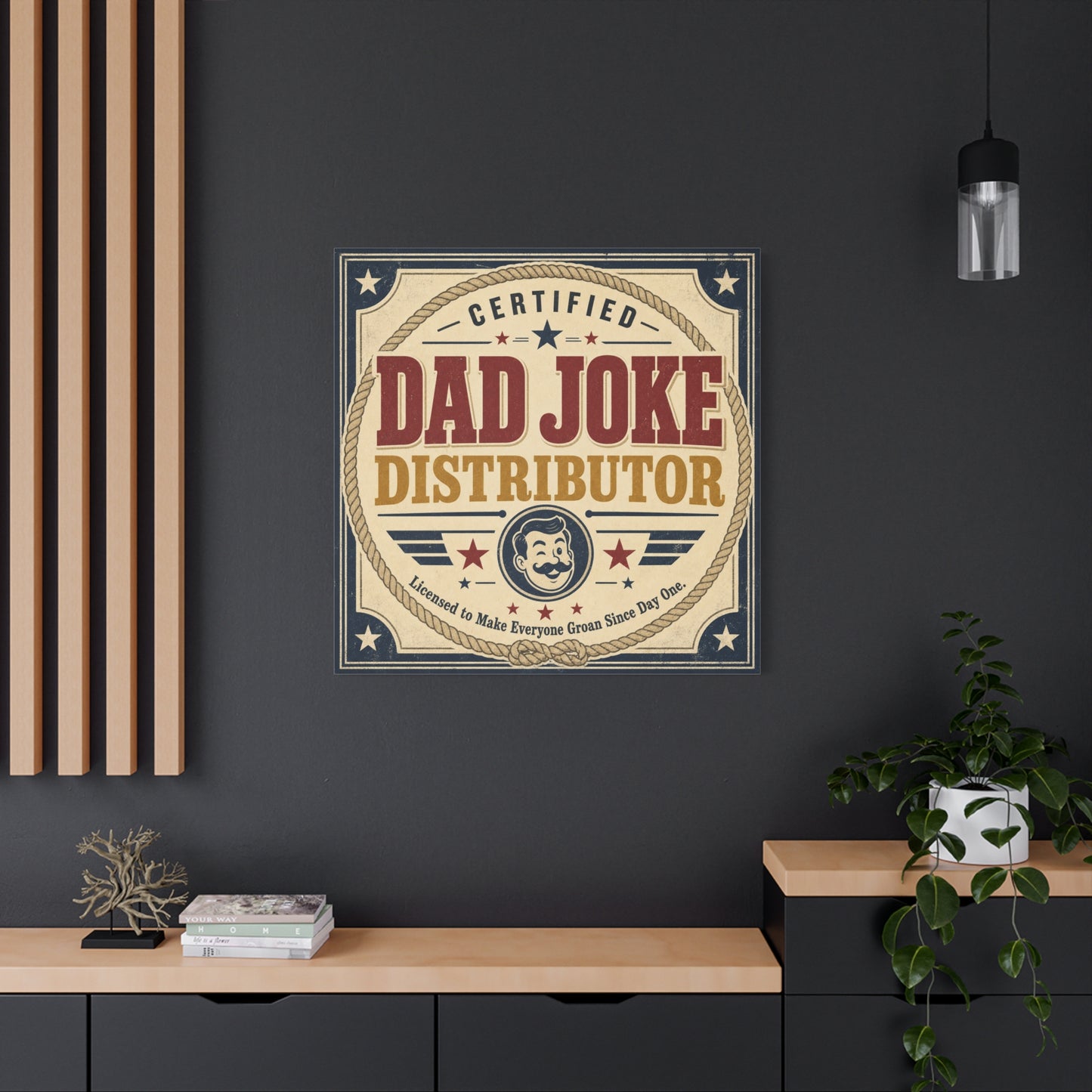 "Dad Joke Distributor" Funny Canvas Wall Art - Vintage Typography Humor Print, Retro Patriotic Stars And Mustache Illustration - Farmhouse Office Decor, Man Cave Wall Hanging - Bedroom Home Decoration