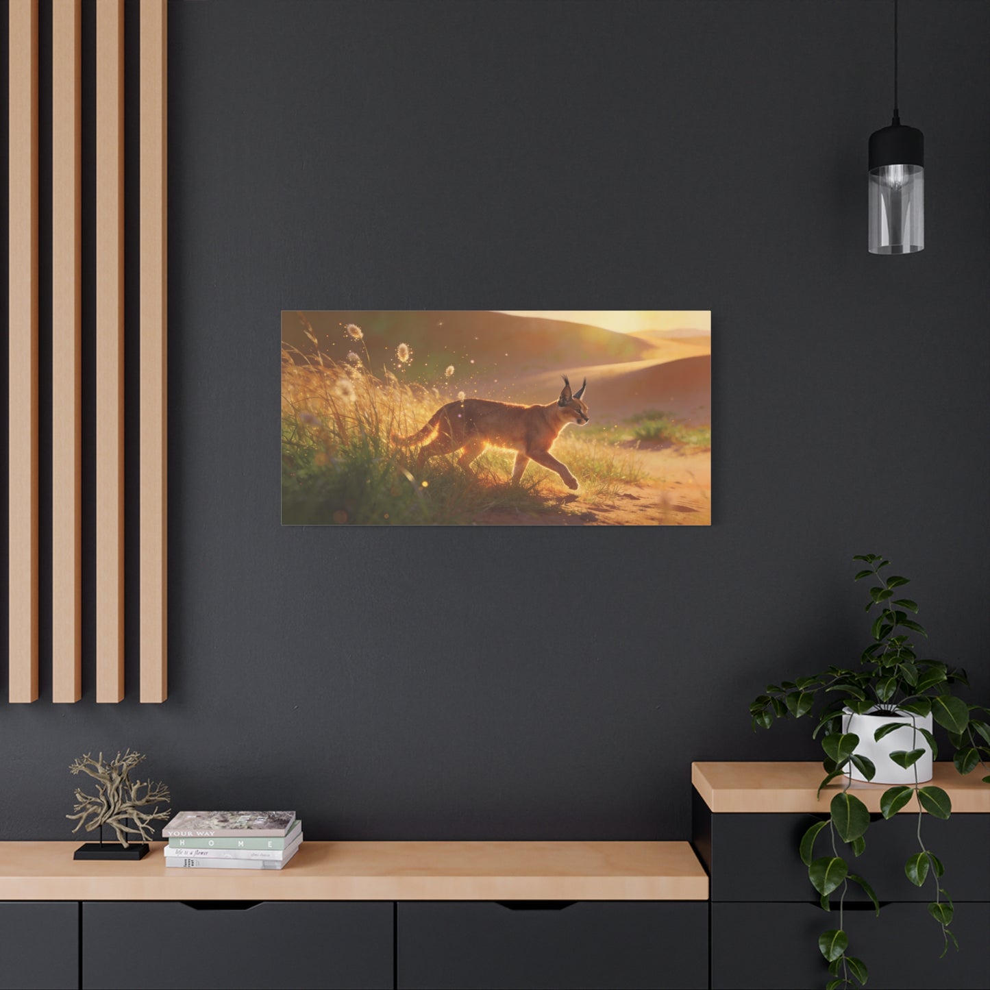 Caracal Canvas Wall Art - Golden Desert Wildlife Scene, Sunlit Grassland Illustration - Matte Cotton Art Print, Contemporary Nature Decor - Living Room Accent, Bedroom Decoration - Ready to Hang