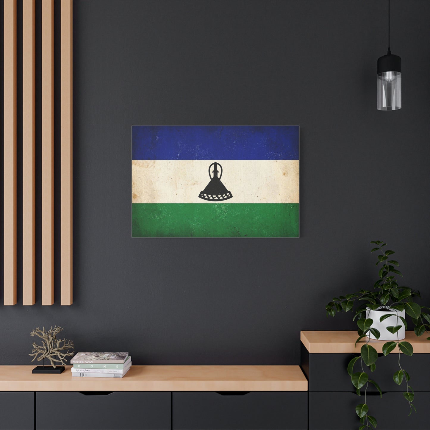 Lesotho Flag Canvas Wall Art - Vintage Blue White Green Tricolor With Basotho Hat Emblem, Distressed National Banner Print - Rustic Patriotic Decor For Living Room Bedroom Office - Office Wall Art