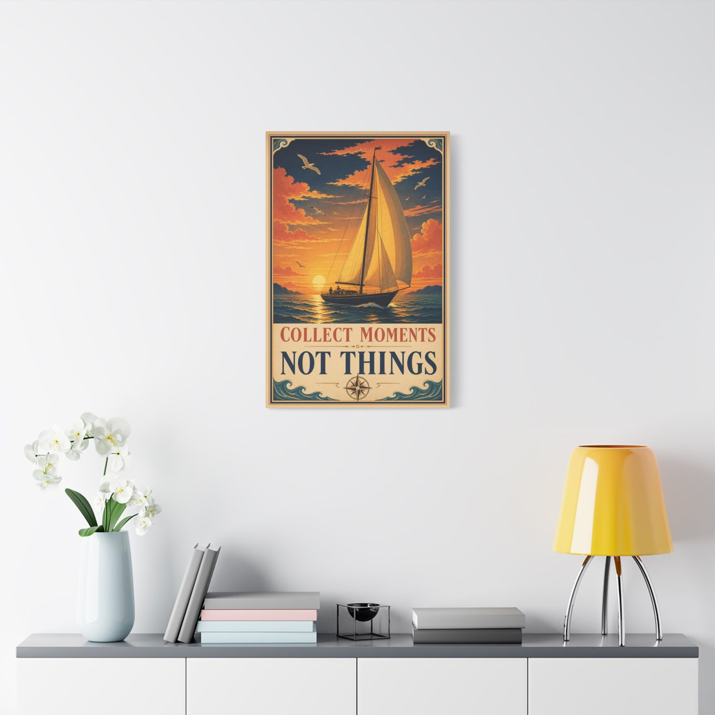 "Collect Moments Not Things" Sailboat Canvas Wall Art - Vintage Nautical Sunset Seascape, Inspirational Ocean Poster Style - Coastal Living Room Wall Decor, Bedroom Home Decoration - Ready to Hang