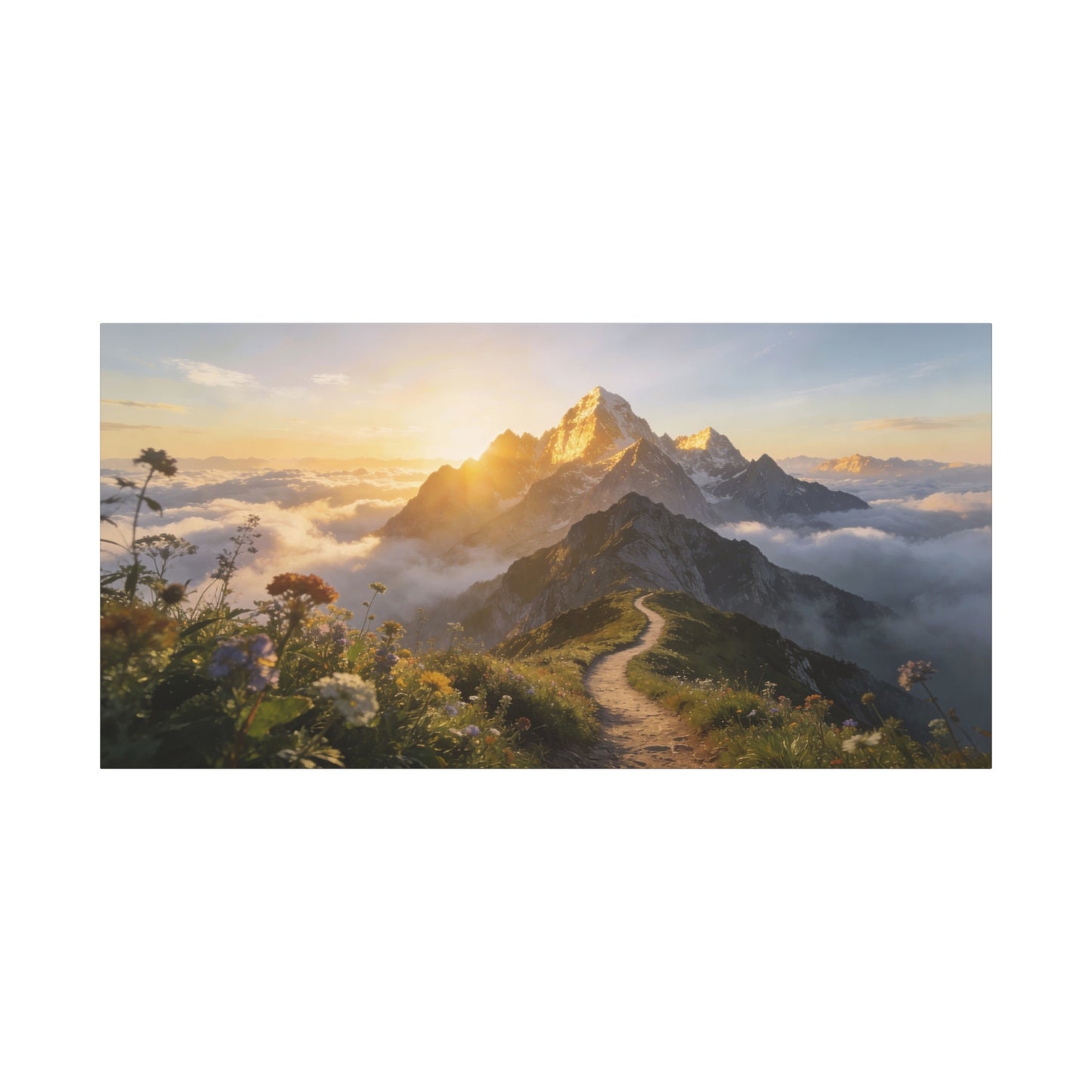 Mountain Sunrise Canvas Wall Art - Alpine Path, Wildflower Meadow, Golden Peak Landscape Print - Matte Scenic Nature Decor - Living Room Wall Decor, Bedroom Home Decoration - Bedroom Home Decoration