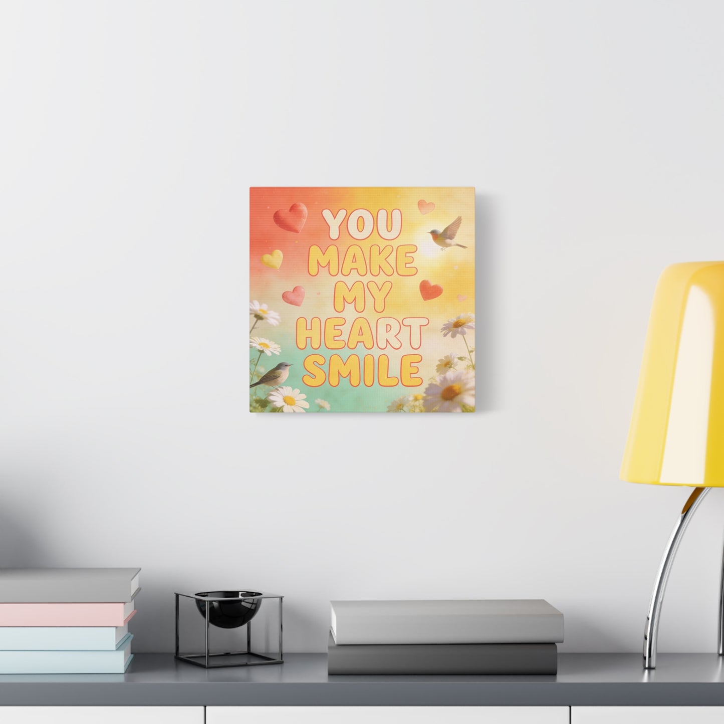 "You Make My Heart Smile" Inspirational Canvas Wall Art - Daisy And Songbird Quote Print, Pastel Typography Decor, Cheerful Bedroom Wall Hanging, Nursery Home Accent - Bedroom Home Decoration