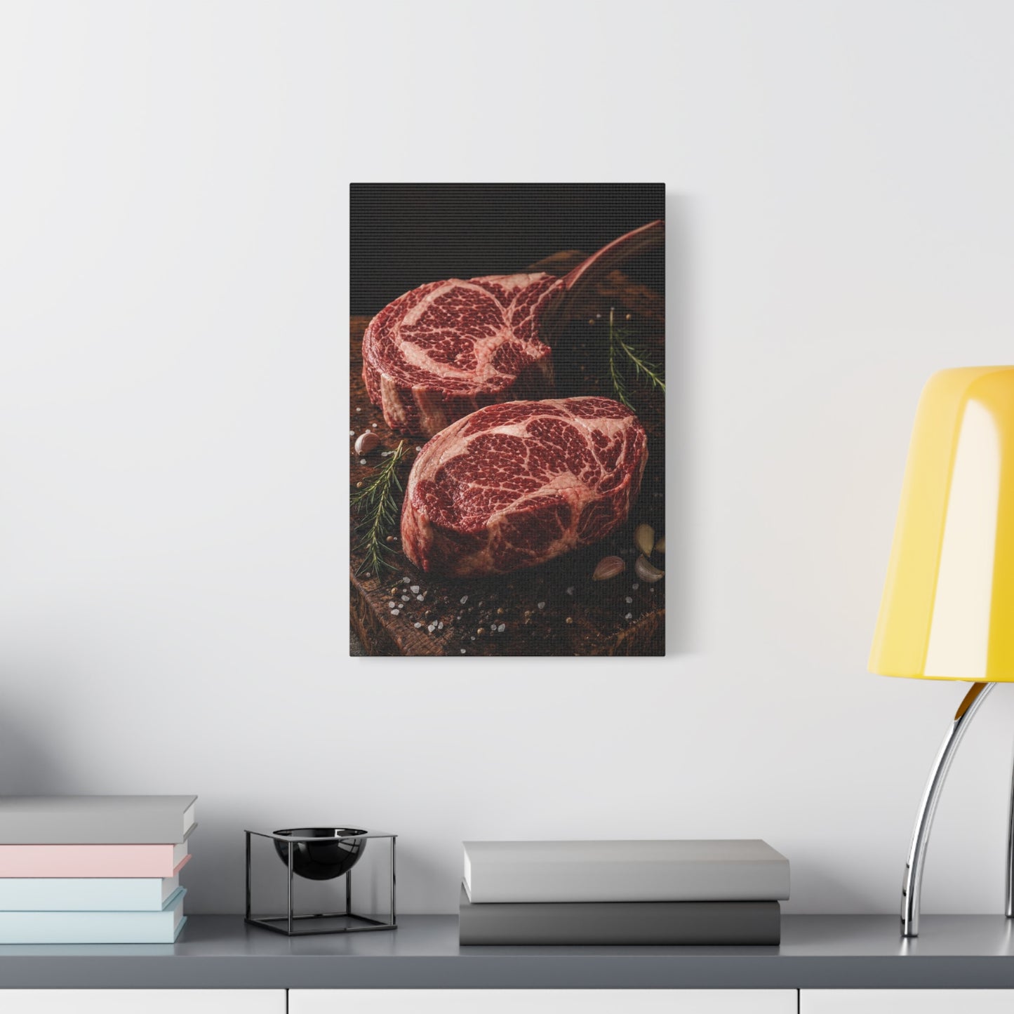 Raw Ribeye Steak Canvas Wall Art - Rustic Food Art Print, Butcherhouse Kitchen Decor, Cotton Art Print, Moody Culinary Still Life - Dining Room Accent, Restaurant Wall Decor - Modern Farmhouse Style