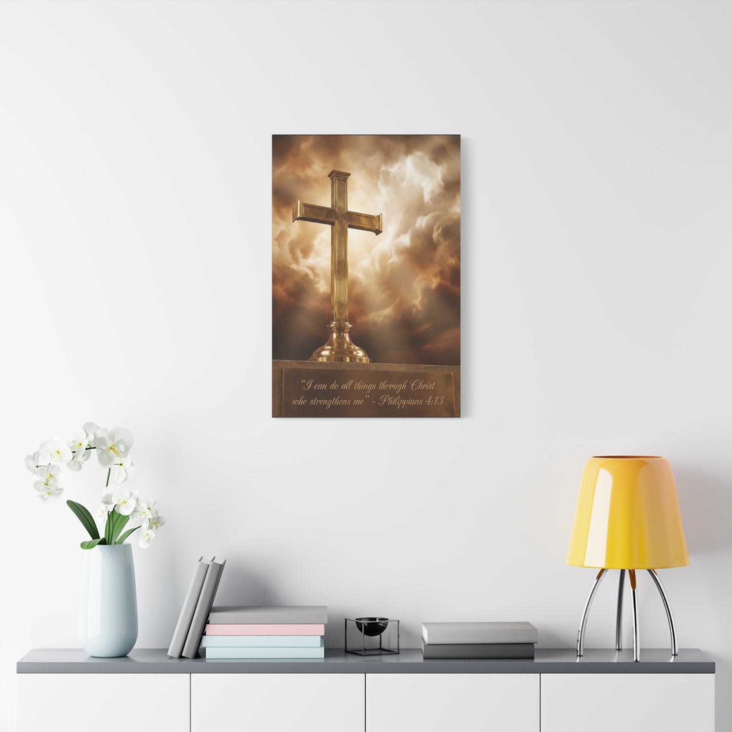 "I Can Do All Things Through Christ Who Strengthens Me" Christian Canvas Wall Art - Gold Cross, Philippians 4:13 Scripture Print - Traditional Faith Decor, Bedroom Living Room - Living Room Wall Decor