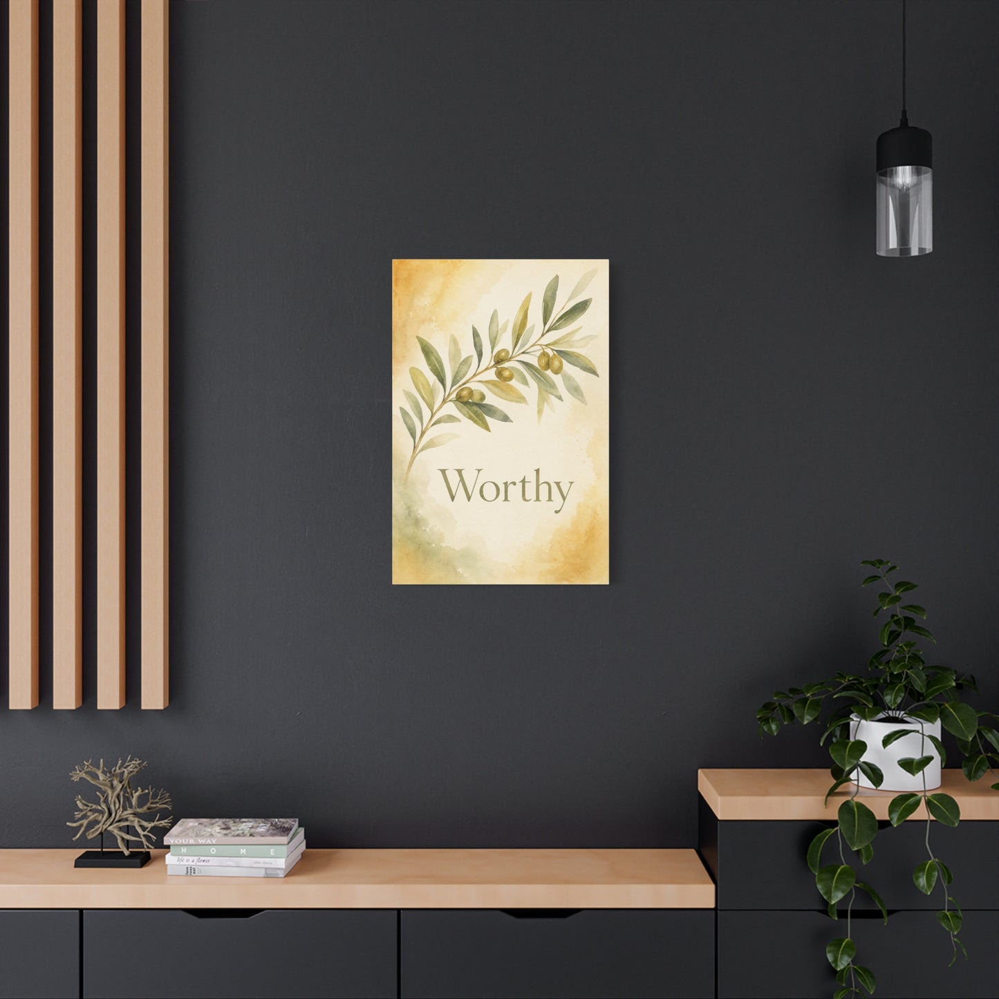 "Worthy" Olive Branch Canvas Wall Art - Botanical Inspirational Wall Decor - Watercolor Sage Gold Canvas Print - Bedroom Living Room Decoration - Ready to Hang - Bedroom Home Decoration