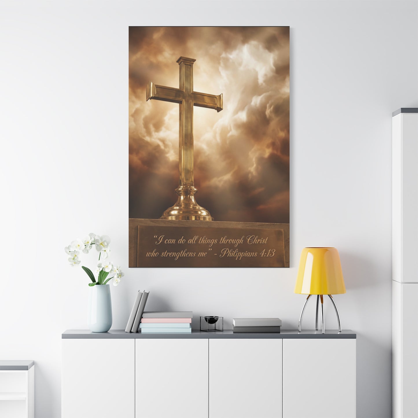 "I Can Do All Things Through Christ Who Strengthens Me" Christian Canvas Wall Art - Gold Cross, Philippians 4:13 Scripture Print - Traditional Faith Decor, Bedroom Living Room - Living Room Wall Decor
