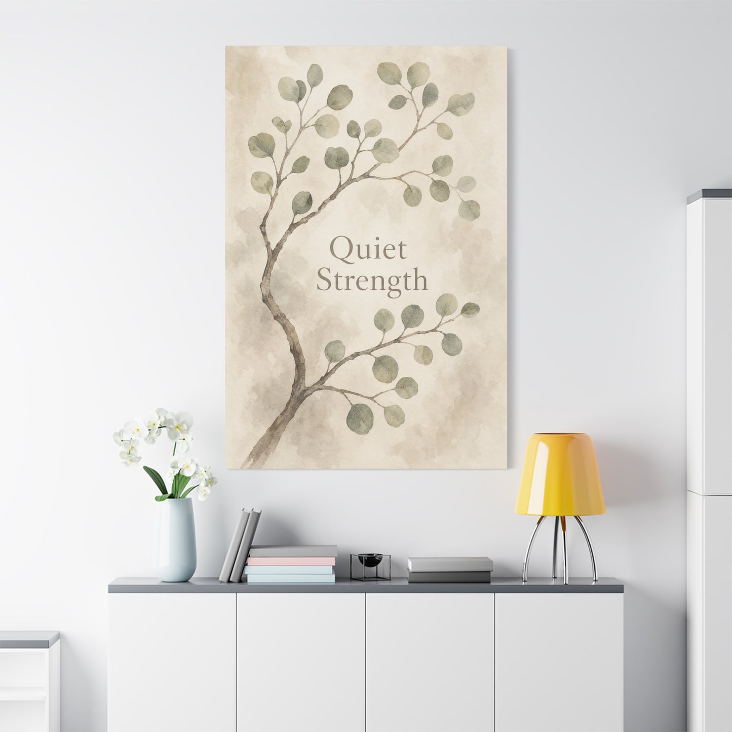 "Quiet Strength" Botanical Canvas Wall Art - Minimalist Sage Leaf Branch Print - Neutral Inspirational Wall Decor - Bedroom Home Decoration, Living Room Accent - Bedroom Home Decoration