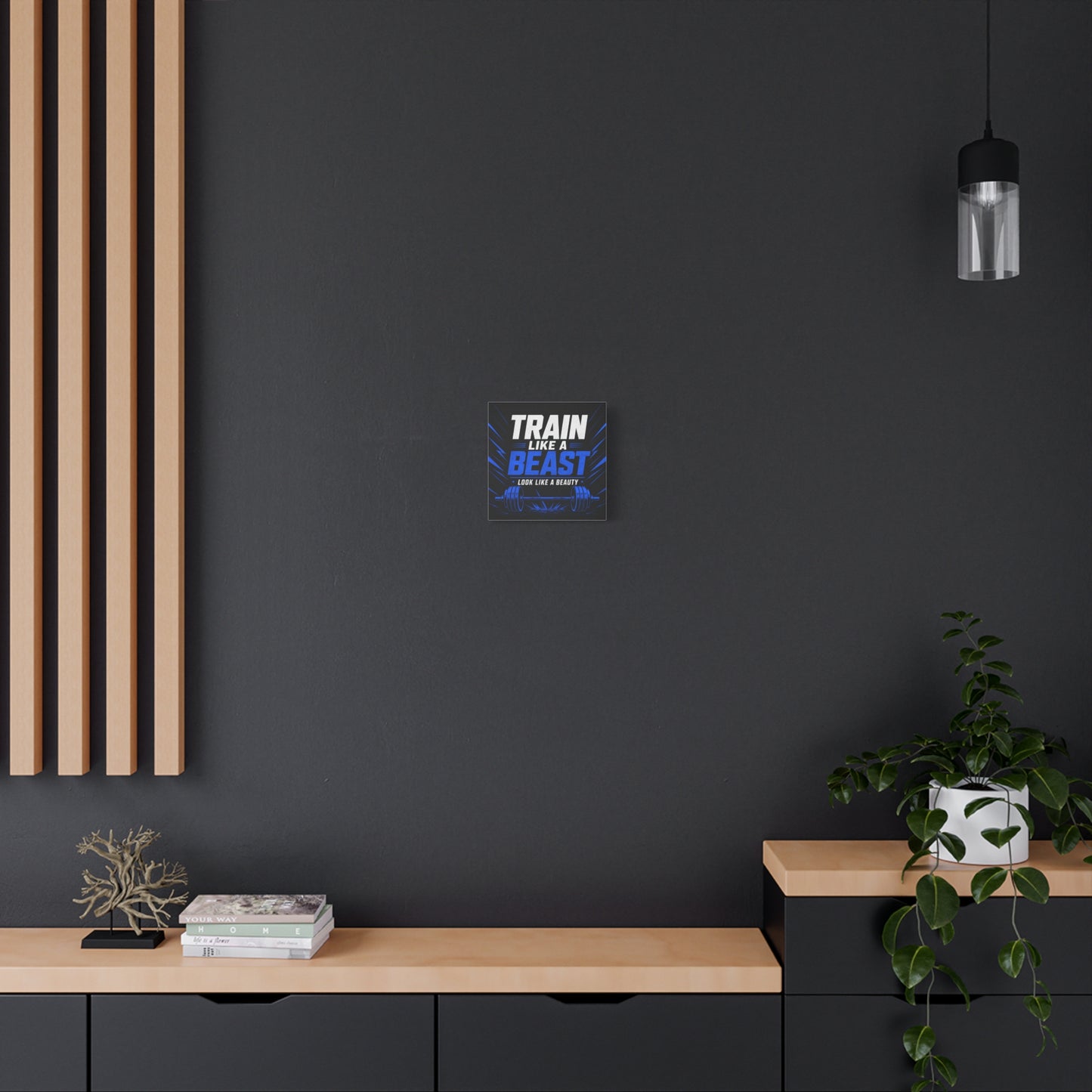 "Train Like A Beast Look Like A Beauty" Gym Canvas Wall Art - Blue Black Barbell Typography Motivational Fitness Decor - Modern Sports Quote Print - Ready to Hang - Living Room Wall Decor