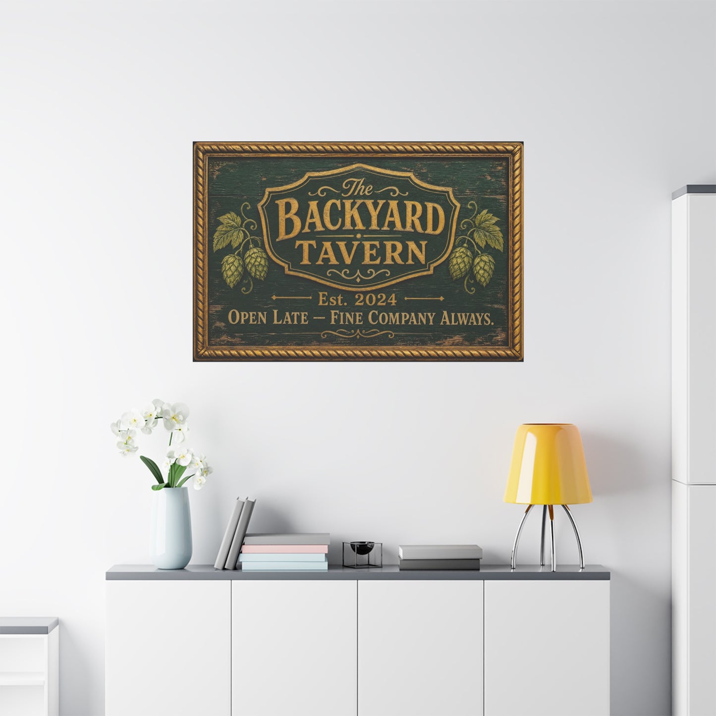 "The Backyard Tavern" Canvas Wall Art - Vintage Pub Sign, Rustic Typography Decor - Green And Gold Tavern Style Print, Bar Room Wall Decor - Ready to Hang - Ready to Hang - Speakeasy Style Sign