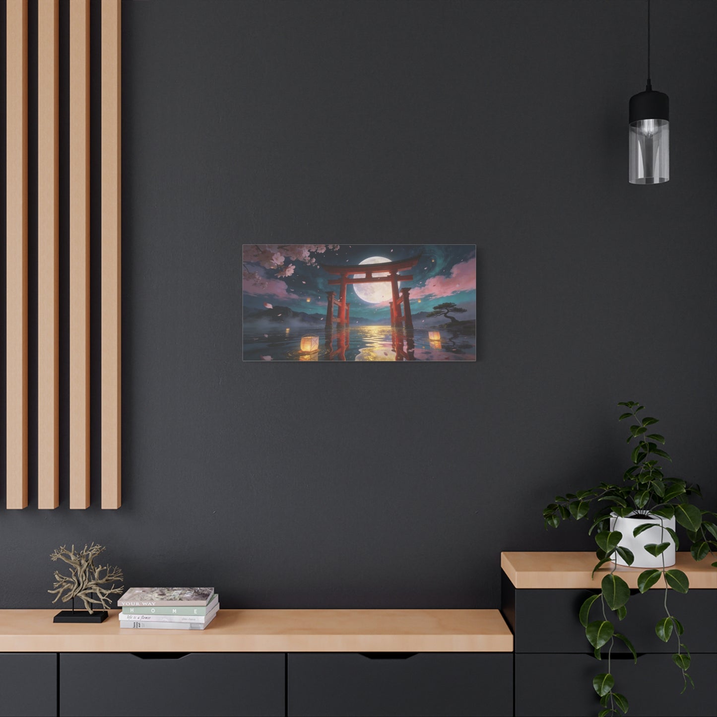 Japanese Torii Gate Canvas Wall Art - Moonlit Lake, Cherry Blossom Petals - Contemporary Fantasy Landscape - Living Room Wall Decor, Bedroom Home Decoration, Meditation Space - Bedroom Home Decoration
