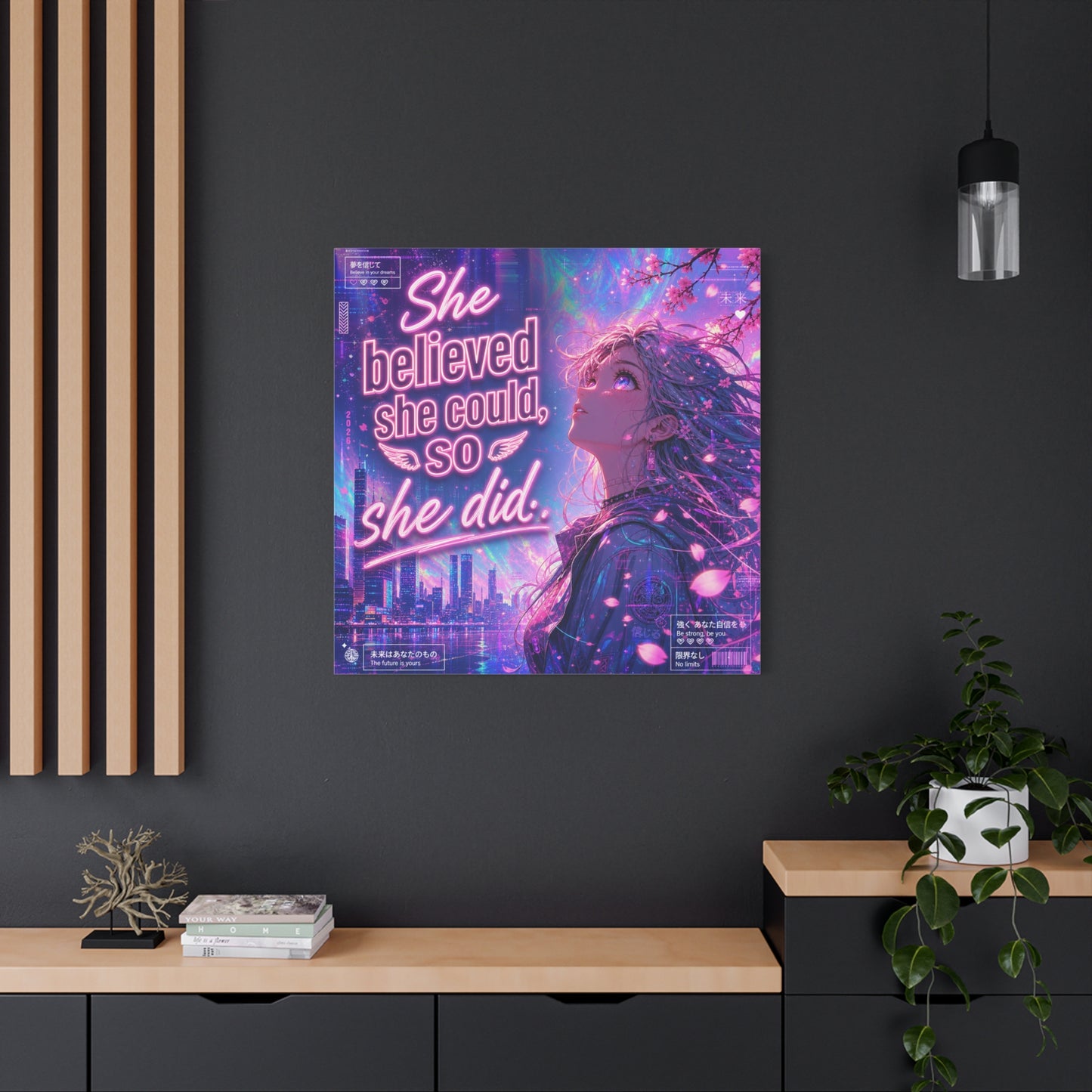 "She Believed She Could, So She Did" Anime Girl Canvas Wall Art - Neon Sakura Cityscape, Inspirational Typography Print - Contemporary Bedroom Wall Decor, Teenager Room Decor - Bedroom Home Decoration