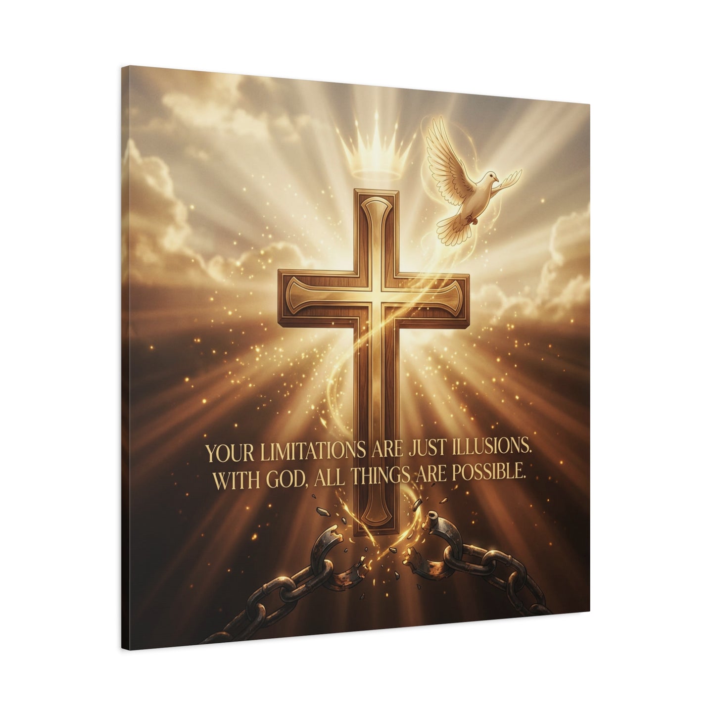 "Your Limitations Are Just Illusions. With God, All Things Are Possible." Christian Canvas Wall Art - Glowing Cross, White Dove, Crown, Broken Chains - Gold Religious Wall Decor For Living Room