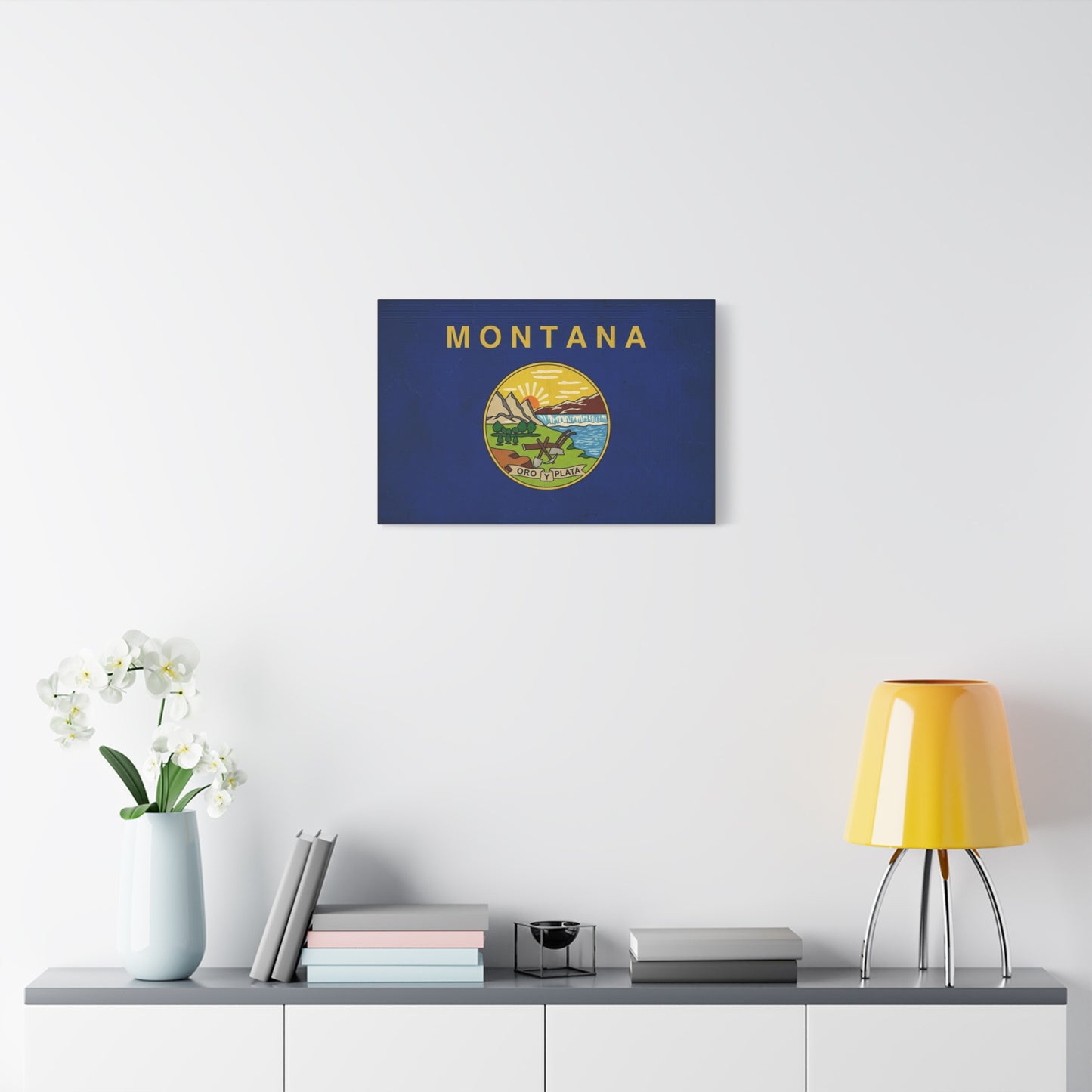 "Montana" State Flag Canvas Wall Art - Oro Y Plata Vintage Flag Print, Blue Western Decor - Rustic Americana Style - Living Room Wall Decor, Office Art - Bedroom Home Decoration - Ready to Hang